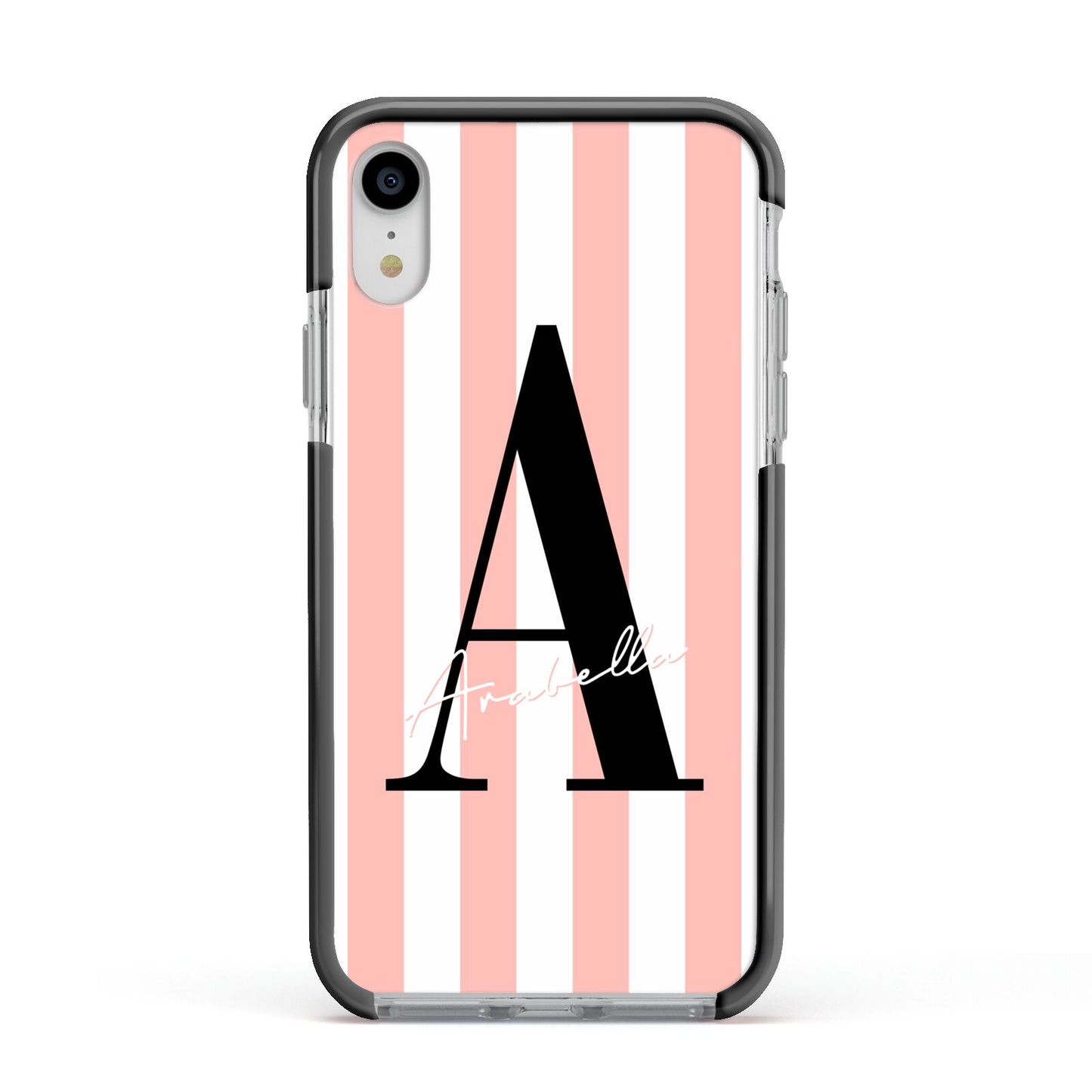 Personalised Pink Striped Initial Apple iPhone XR Impact Case Black Edge on Silver Phone