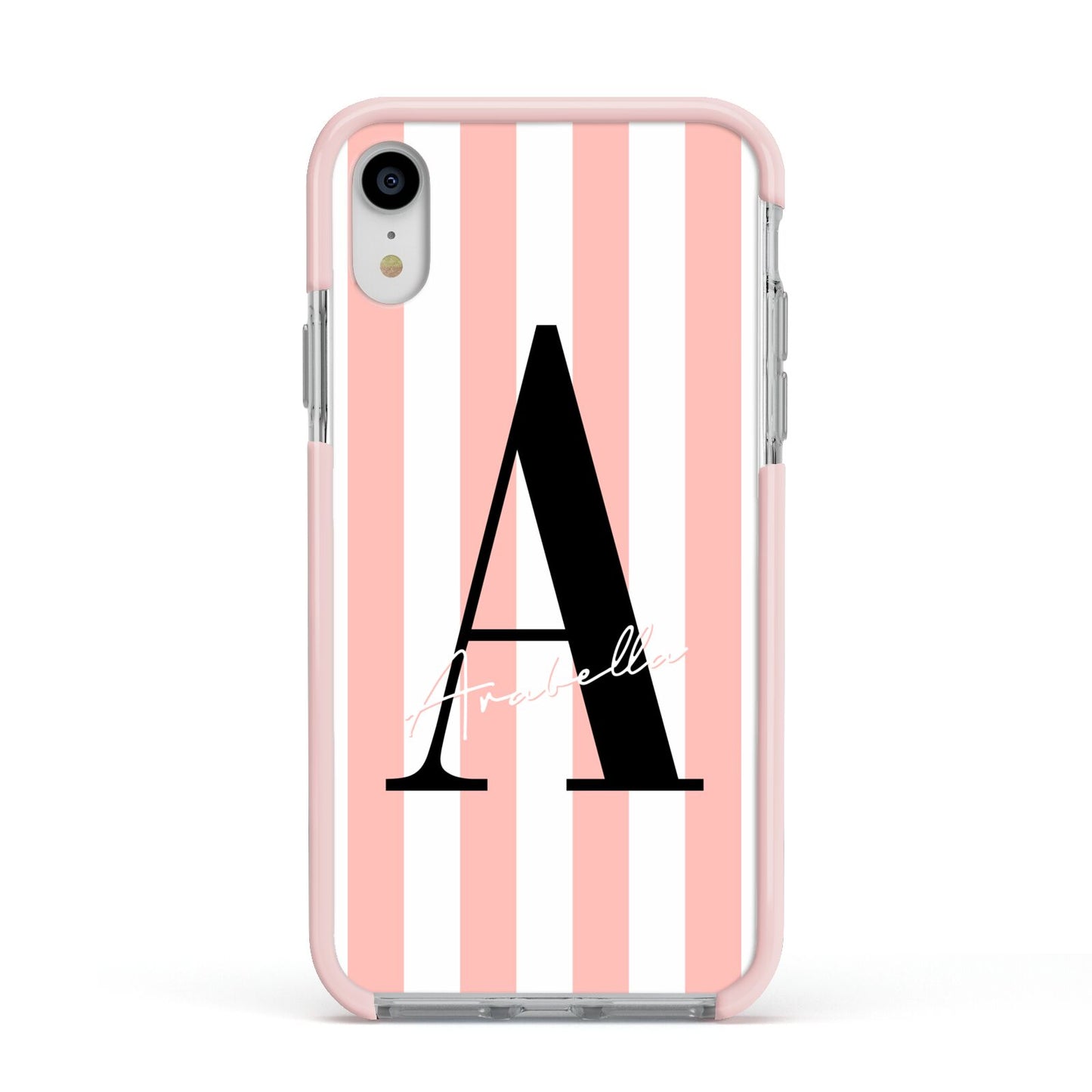 Personalised Pink Striped Initial Apple iPhone XR Impact Case Pink Edge on Silver Phone