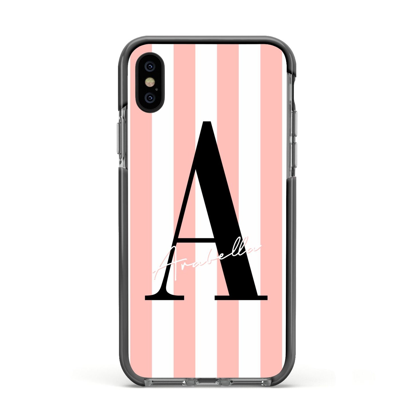 Personalised Pink Striped Initial Apple iPhone Xs Impact Case Black Edge on Black Phone