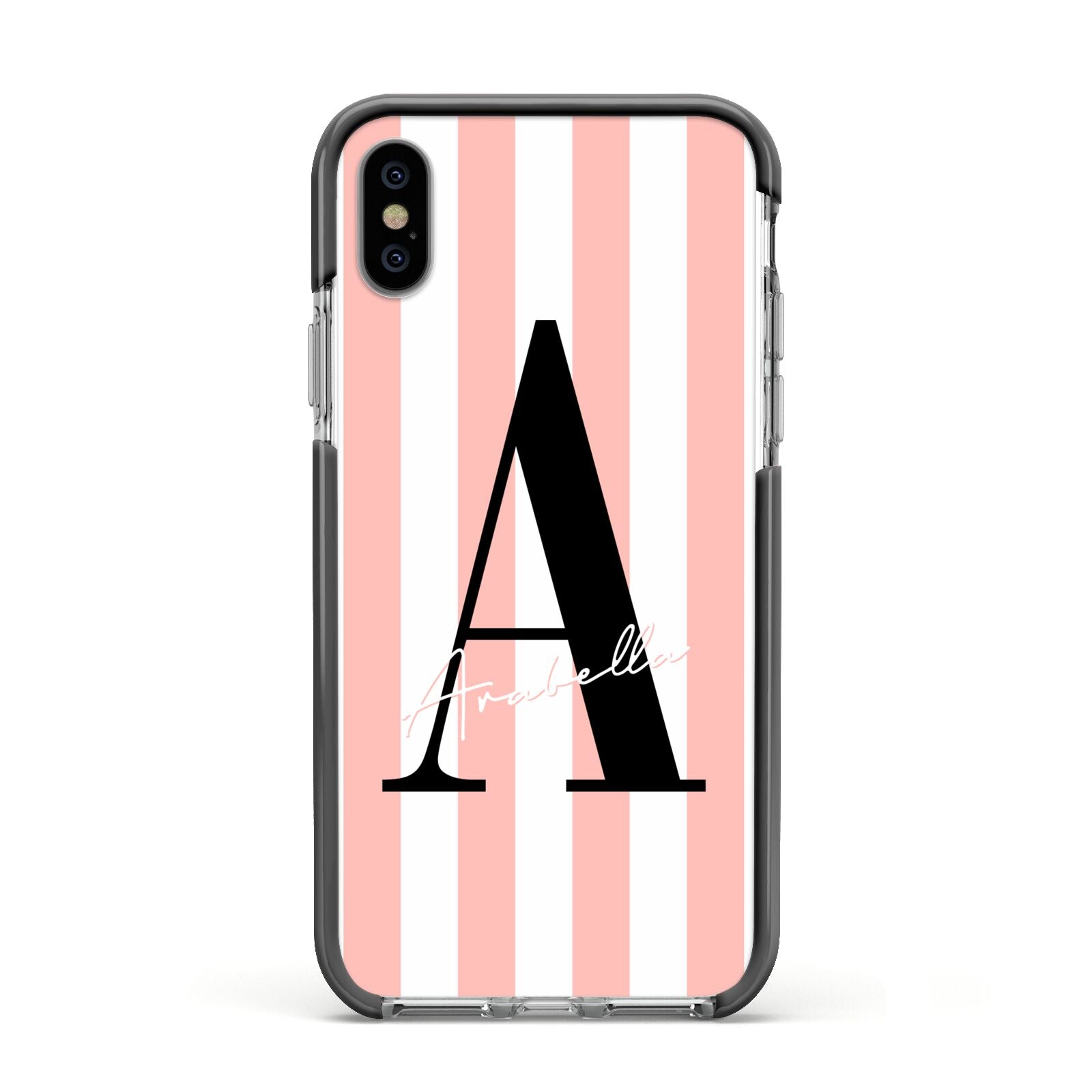 Personalised Pink Striped Initial Apple iPhone Xs Impact Case Black Edge on Silver Phone