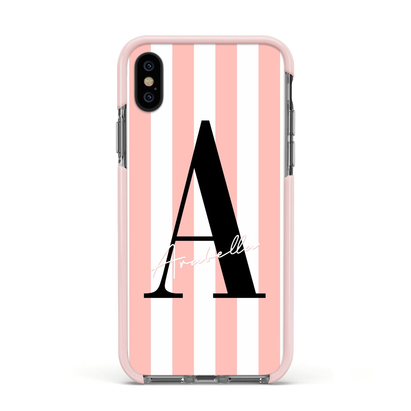 Personalised Pink Striped Initial Apple iPhone Xs Impact Case Pink Edge on Black Phone