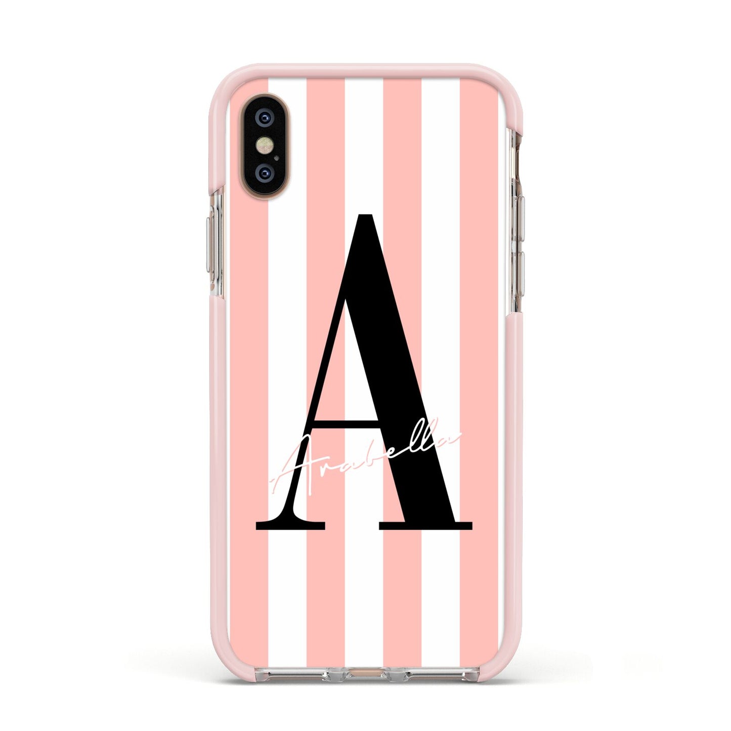 Personalised Pink Striped Initial Apple iPhone Xs Impact Case Pink Edge on Gold Phone