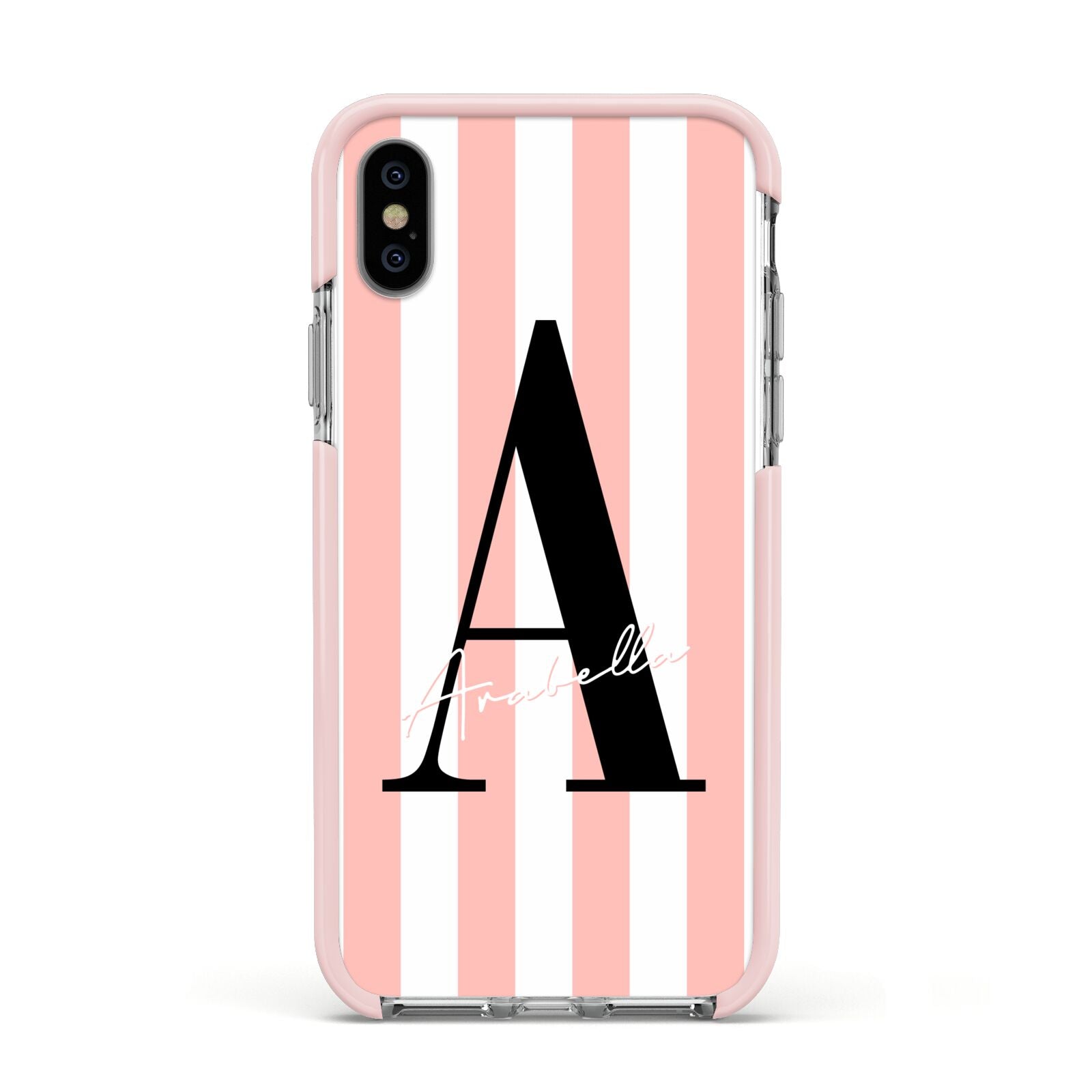 Personalised Pink Striped Initial Apple iPhone Xs Impact Case Pink Edge on Silver Phone