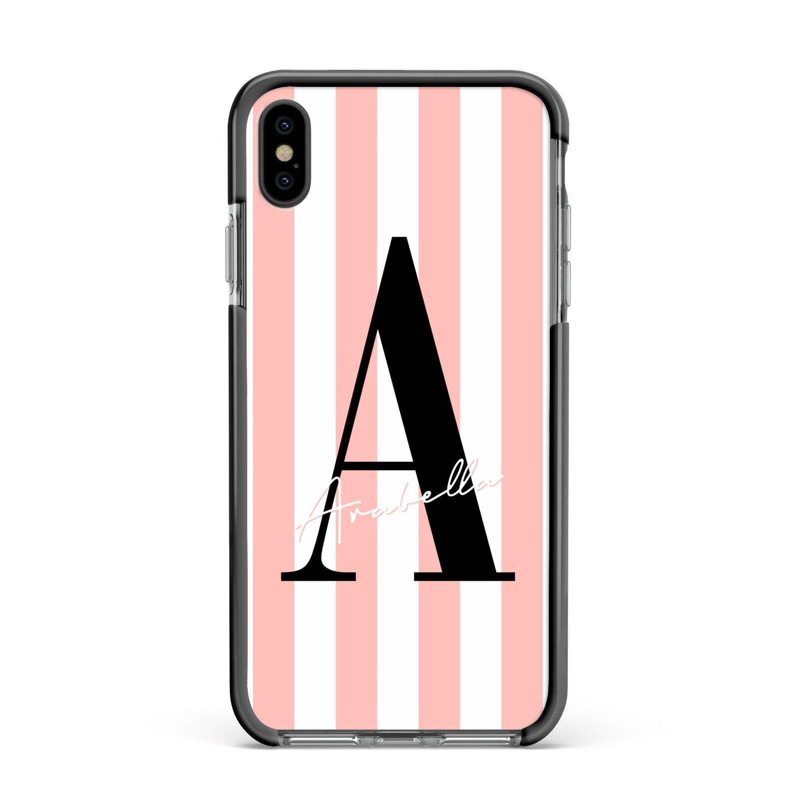 Personalised Pink Striped Initial Apple iPhone Xs Max Impact Case Black Edge on Black Phone