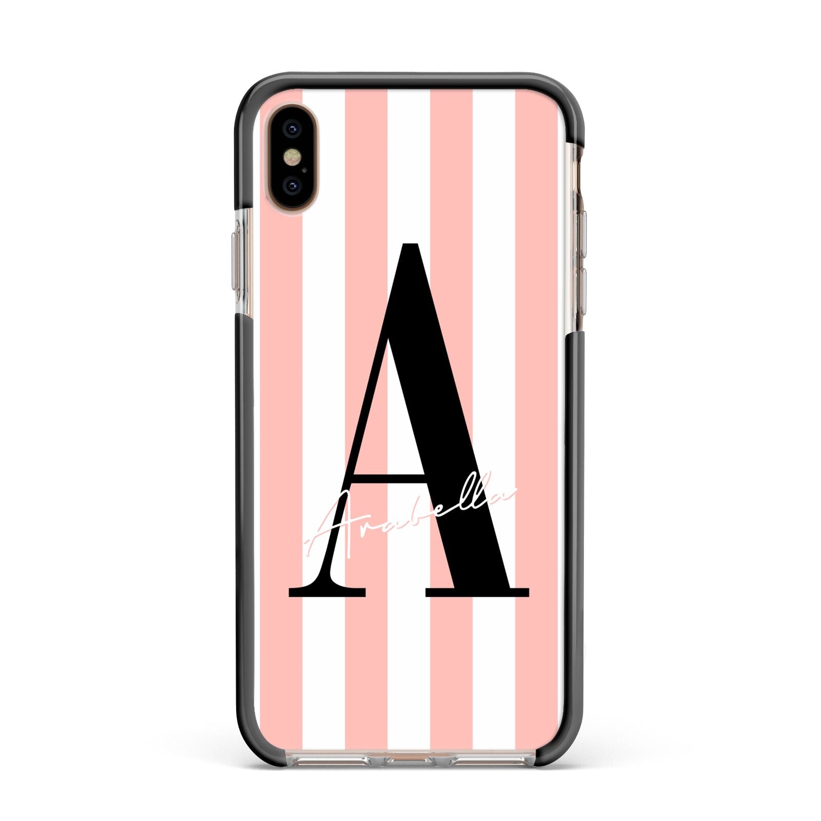 Personalised Pink Striped Initial Apple iPhone Xs Max Impact Case Black Edge on Gold Phone