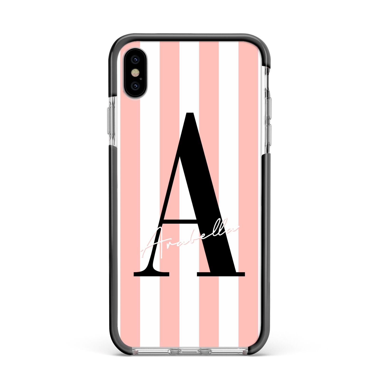 Personalised Pink Striped Initial Apple iPhone Xs Max Impact Case Black Edge on Silver Phone