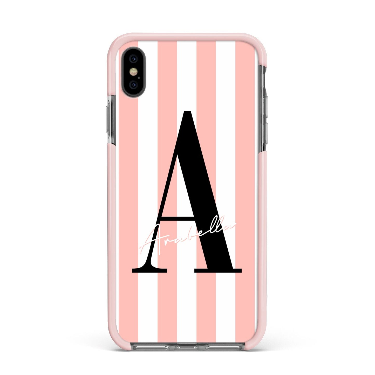 Personalised Pink Striped Initial Apple iPhone Xs Max Impact Case Pink Edge on Black Phone