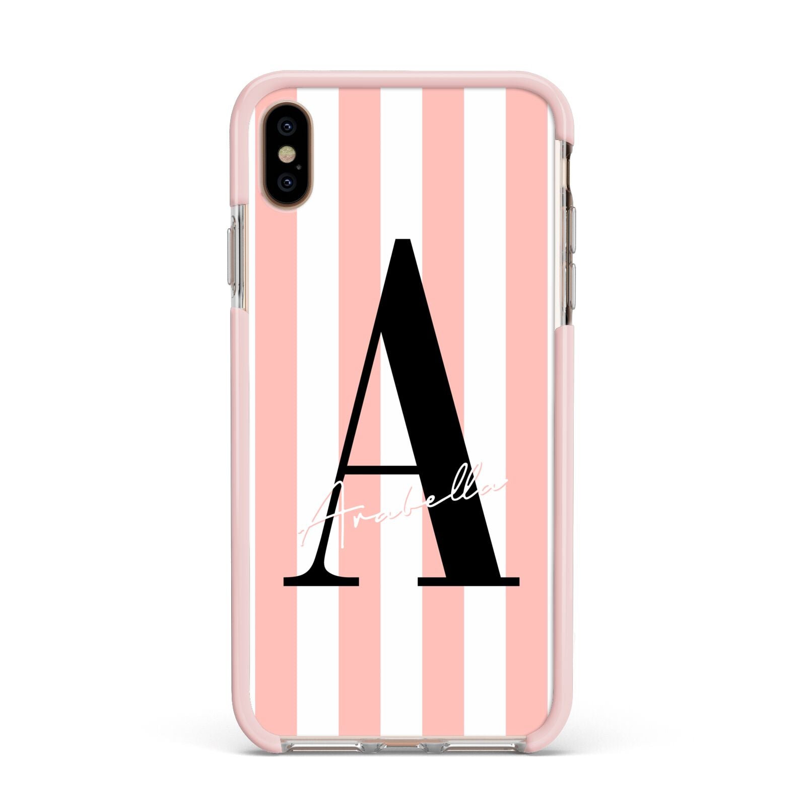 Personalised Pink Striped Initial Apple iPhone Xs Max Impact Case Pink Edge on Gold Phone