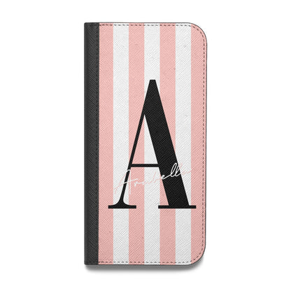 Personalised Pink Striped Initial Vegan Leather Flip iPhone Case