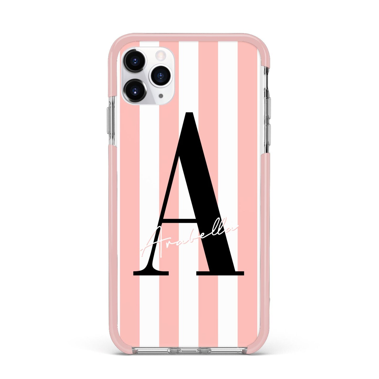 Personalised Pink Striped Initial iPhone 11 Pro Max Impact Pink Edge Case