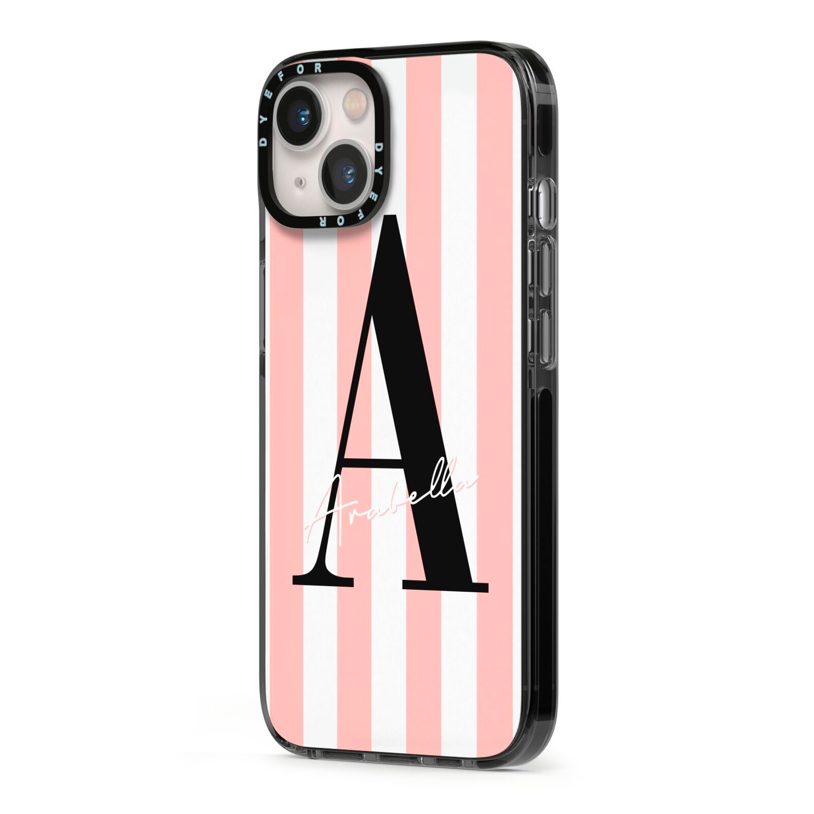 Personalised Pink Striped Initial iPhone 13 Black Impact Case Side Angle on Silver phone