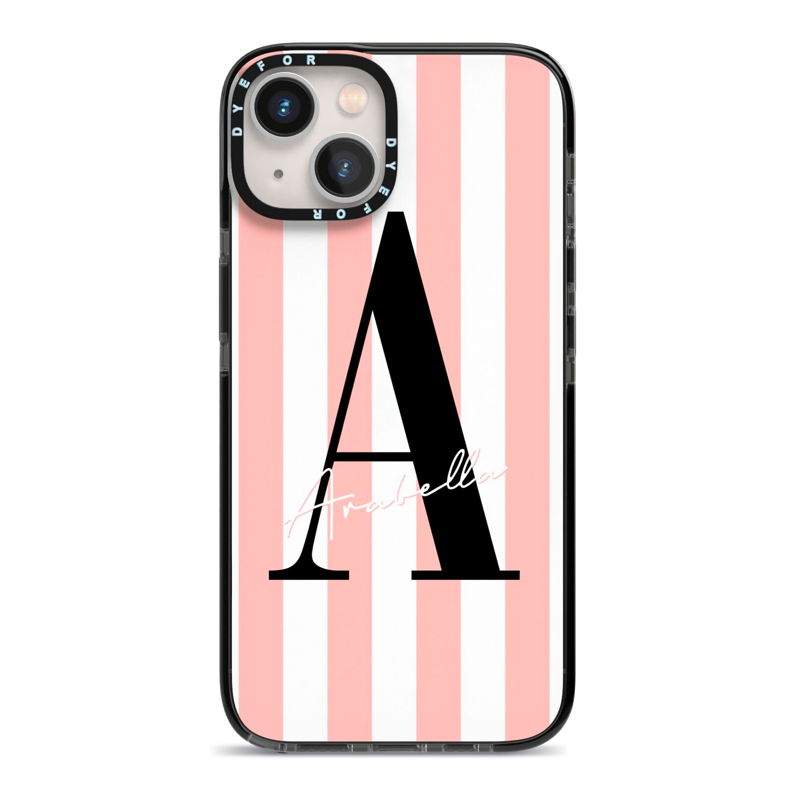 Personalised Pink Striped Initial iPhone 13 Black Impact Case on Silver phone