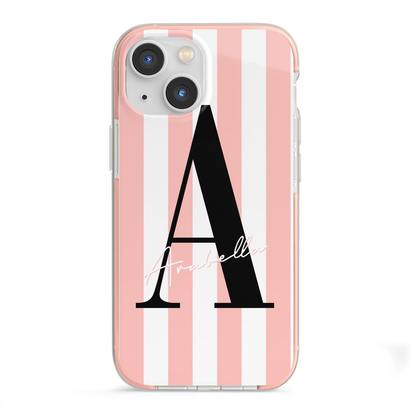 Personalised Pink Striped Initial iPhone 13 Mini TPU Impact Case with Pink Edges