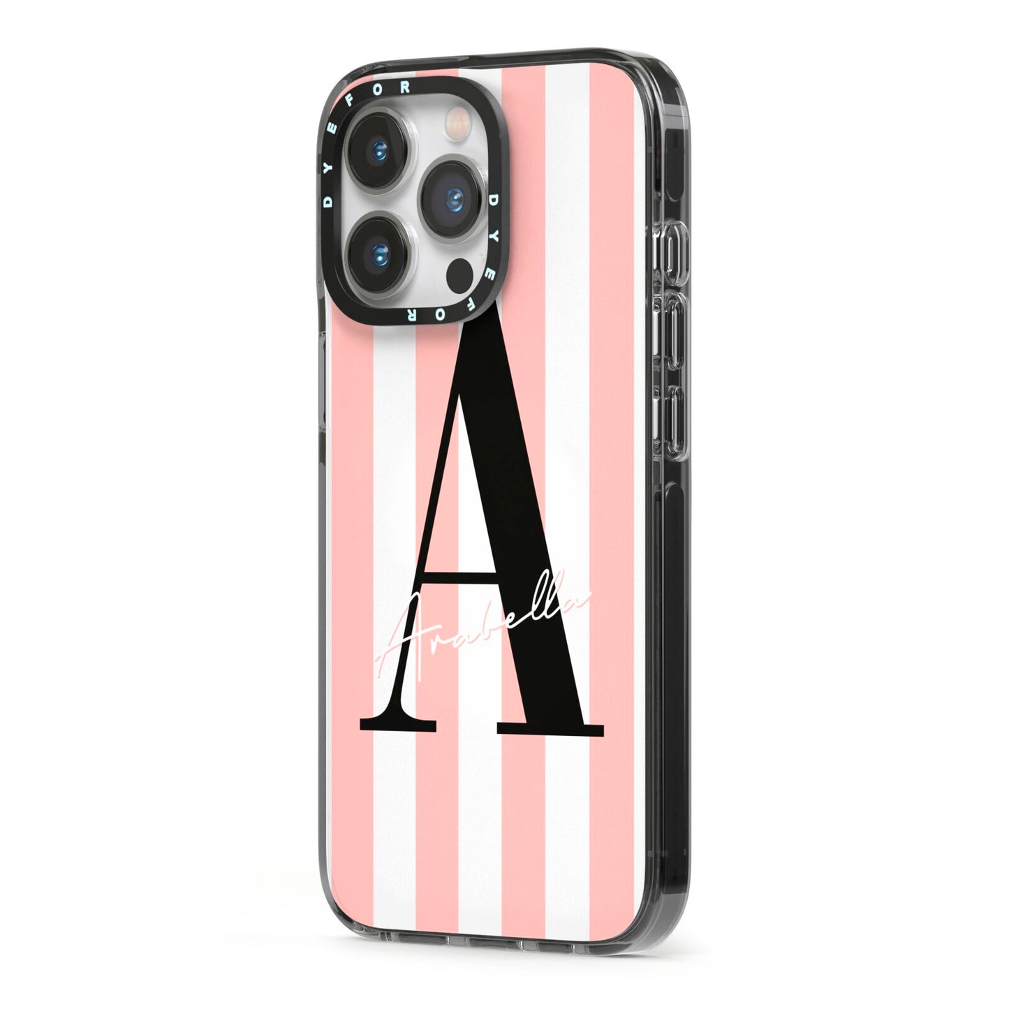 Personalised Pink Striped Initial iPhone 13 Pro Black Impact Case Side Angle on Silver phone