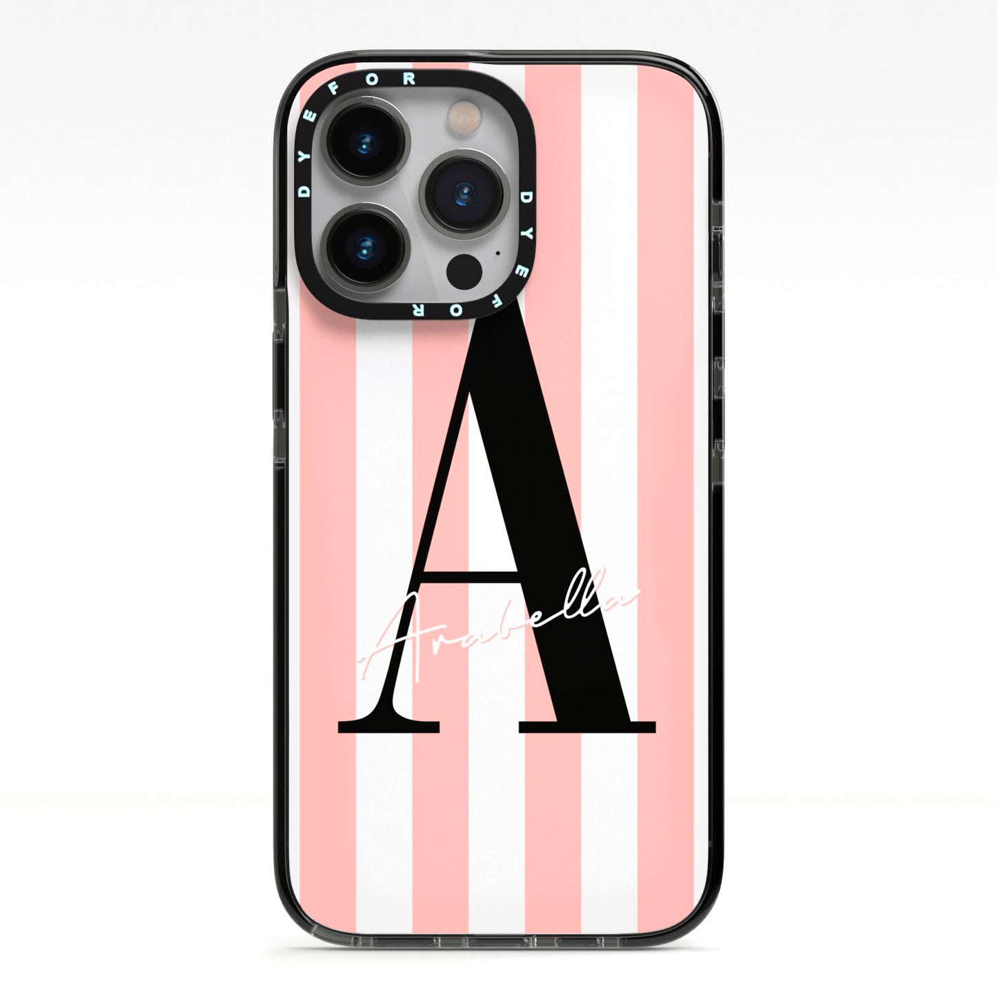 Personalised Pink Striped Initial iPhone 13 Pro Black Impact Case on Silver phone