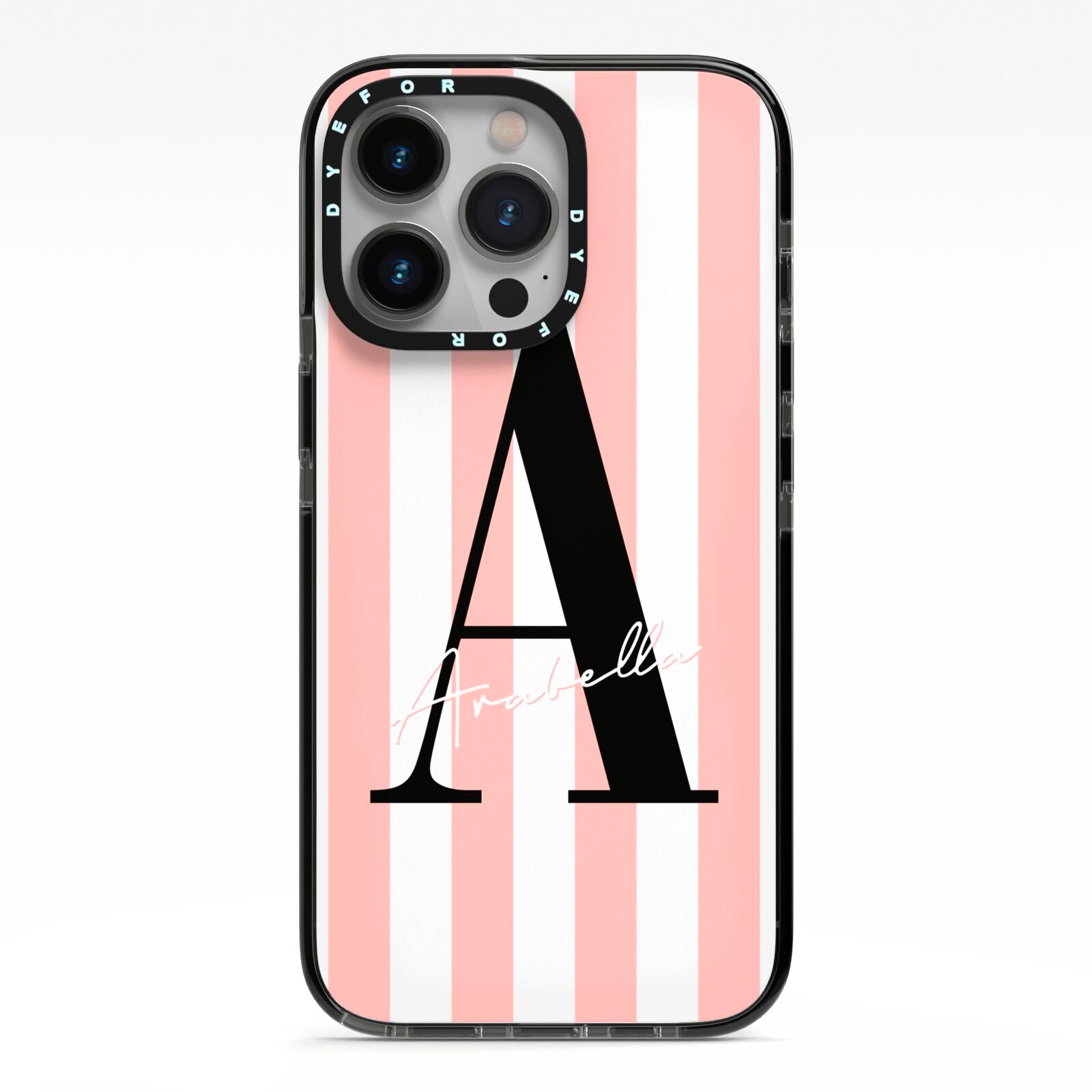 Personalised Pink Striped Initial iPhone 13 Pro Black Impact Case on Silver phone