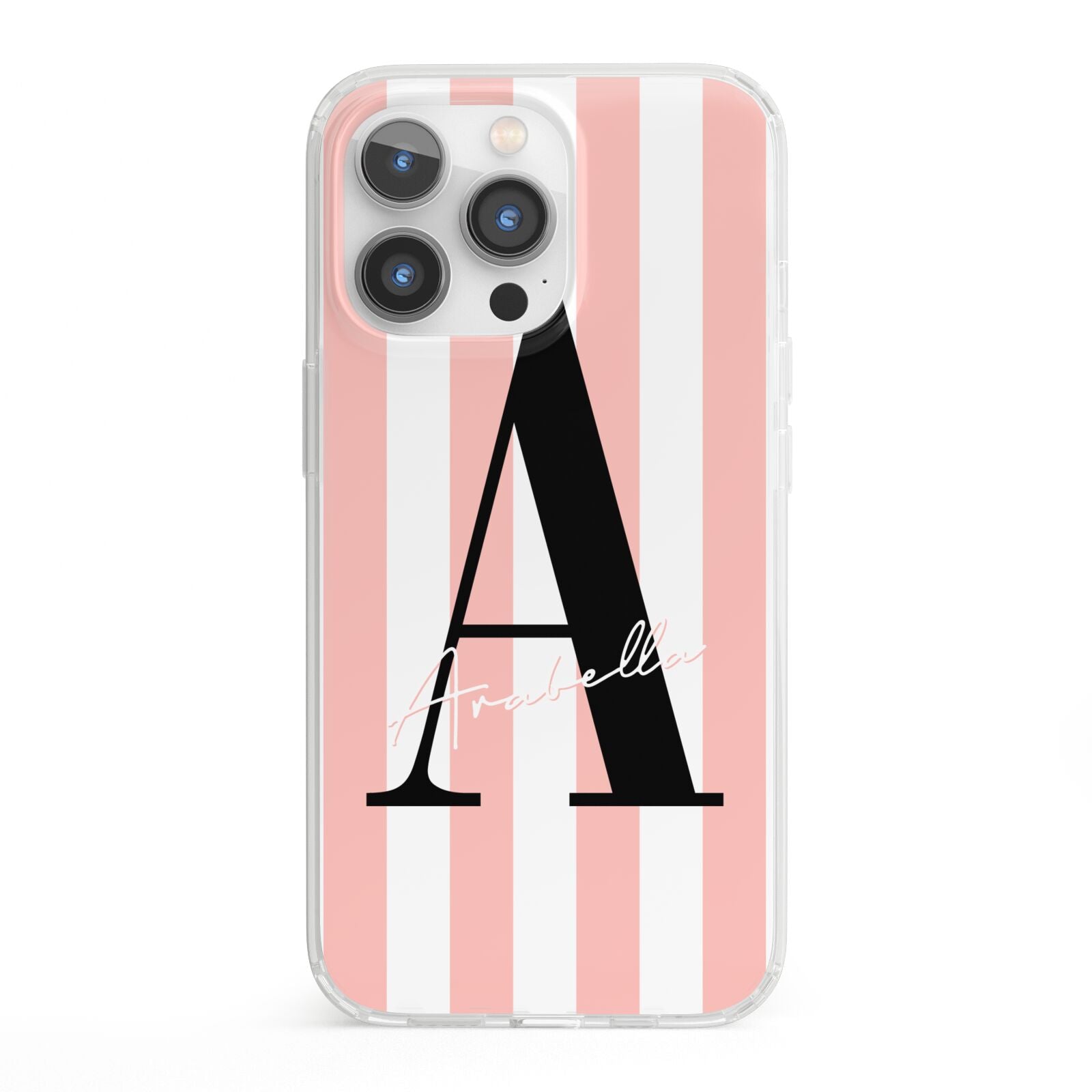 Personalised Pink Striped Initial iPhone 13 Pro Clear Bumper Case