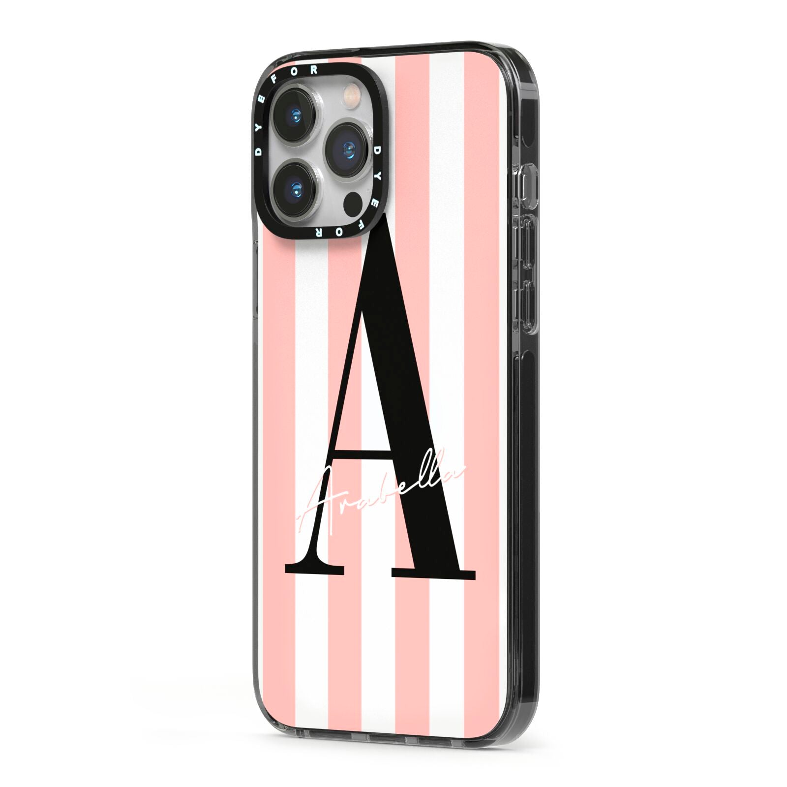 Personalised Pink Striped Initial iPhone 13 Pro Max Black Impact Case Side Angle on Silver phone