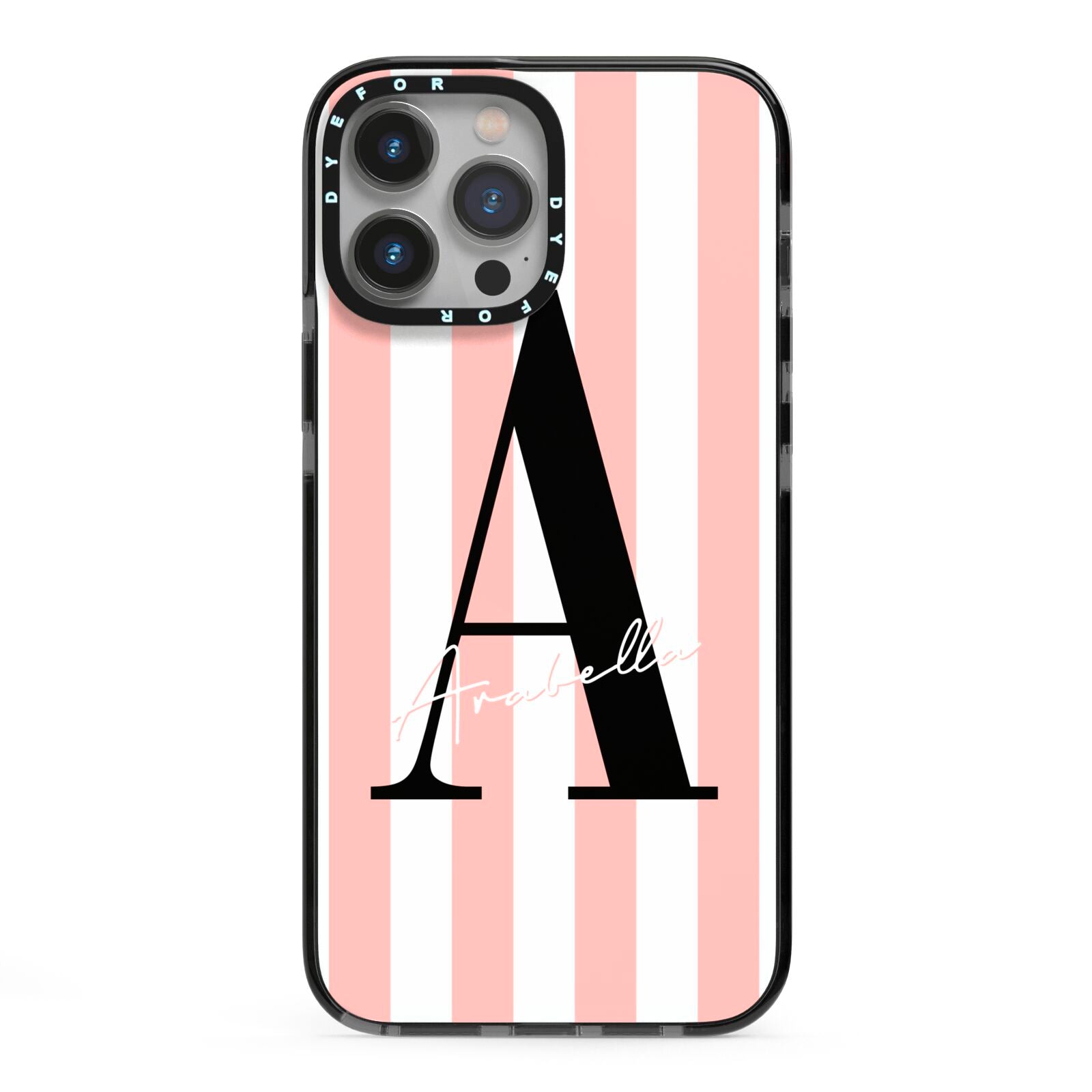 Personalised Pink Striped Initial iPhone 13 Pro Max Black Impact Case on Silver phone