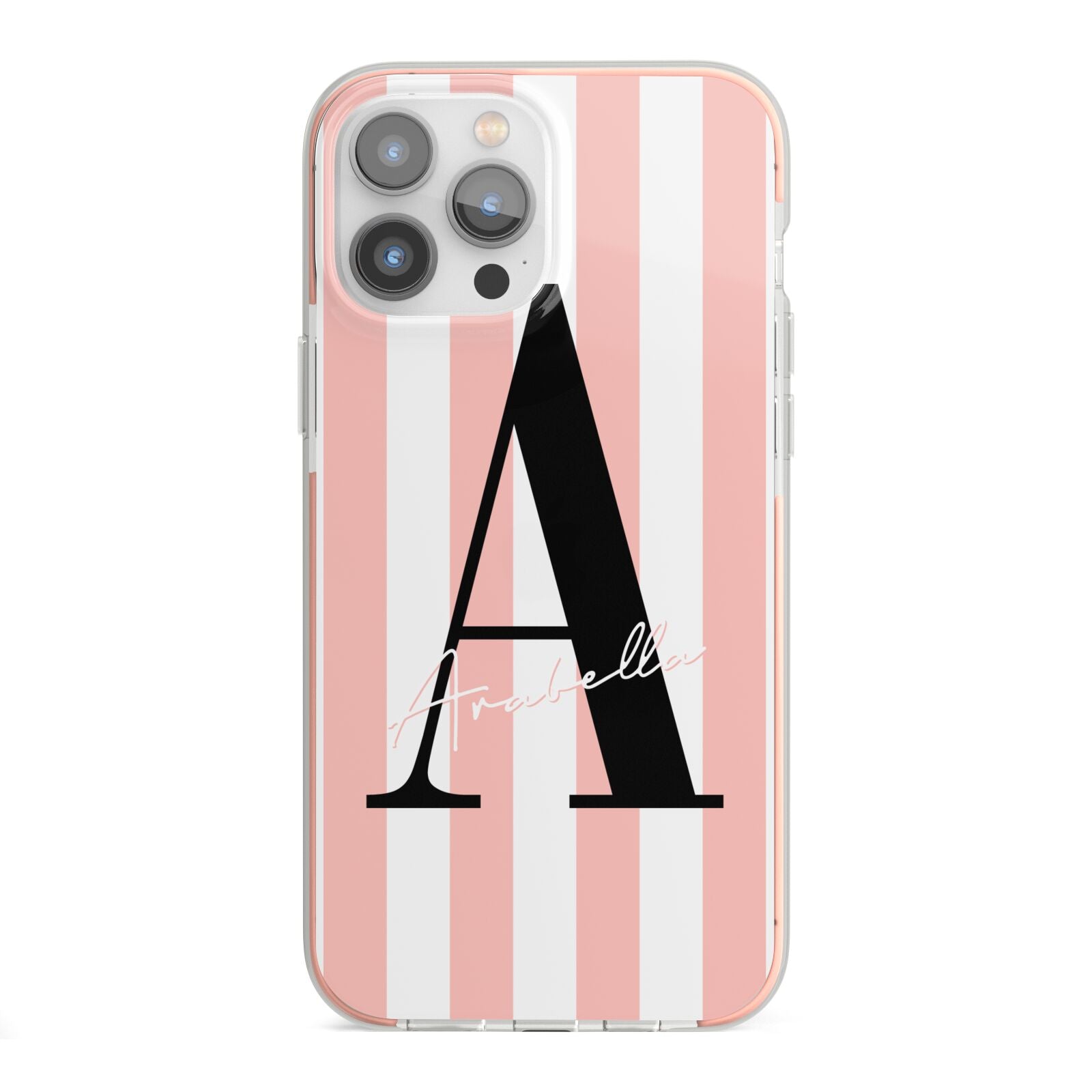 Personalised Pink Striped Initial iPhone 13 Pro Max TPU Impact Case with Pink Edges