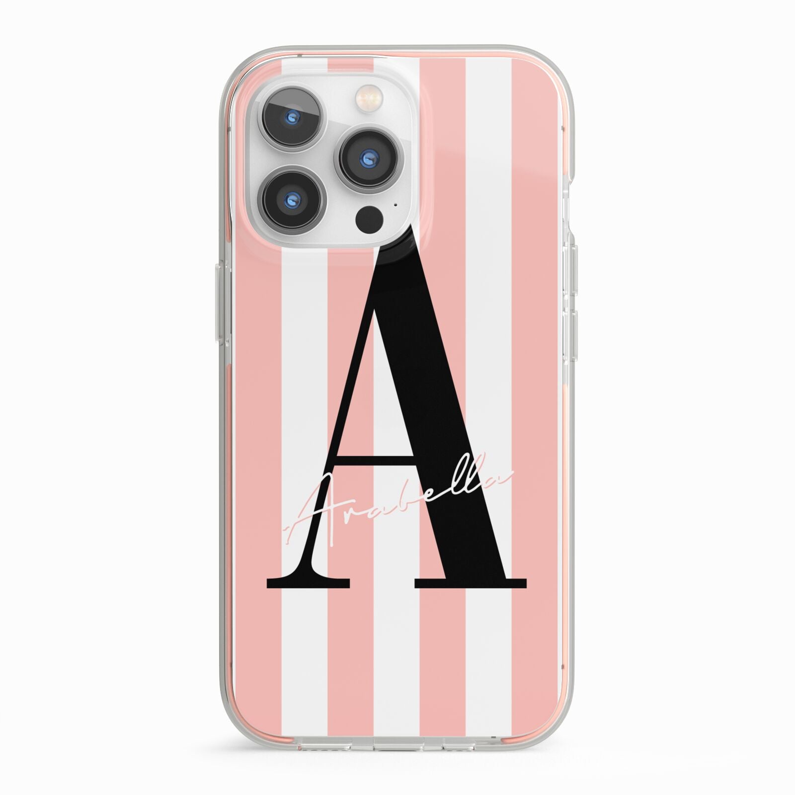 Personalised Pink Striped Initial iPhone 13 Pro TPU Impact Case with Pink Edges