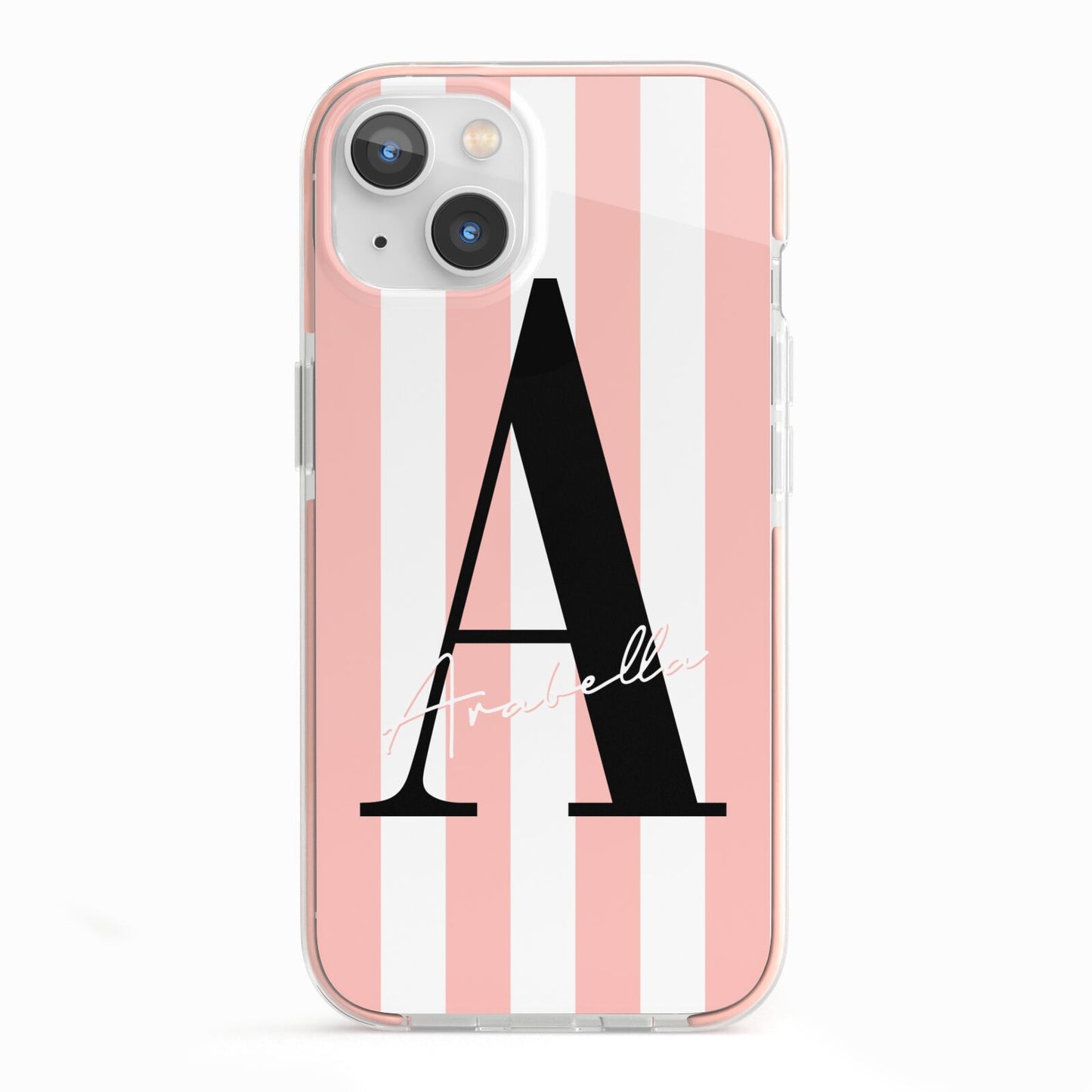 Personalised Pink Striped Initial iPhone 13 TPU Impact Case with Pink Edges