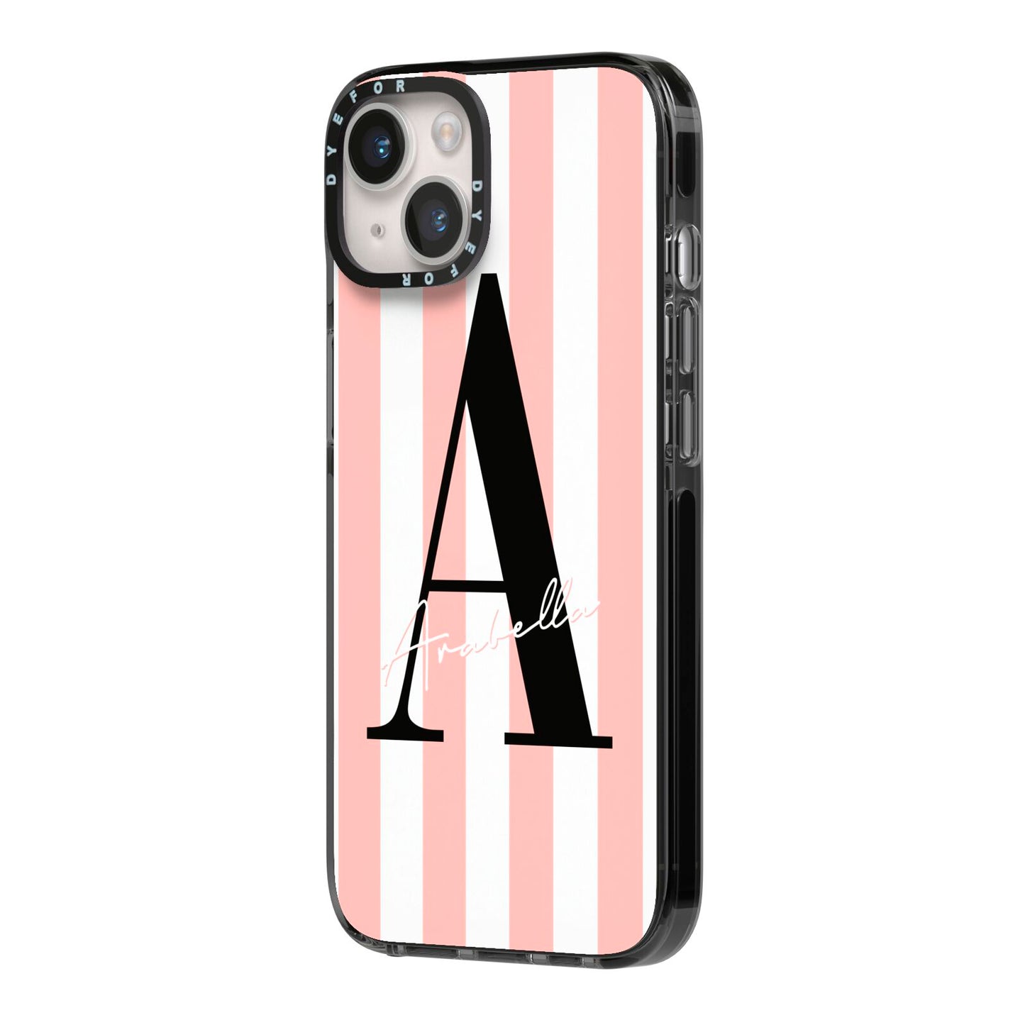 Personalised Pink Striped Initial iPhone 14 Black Impact Case Side Angle on Silver phone