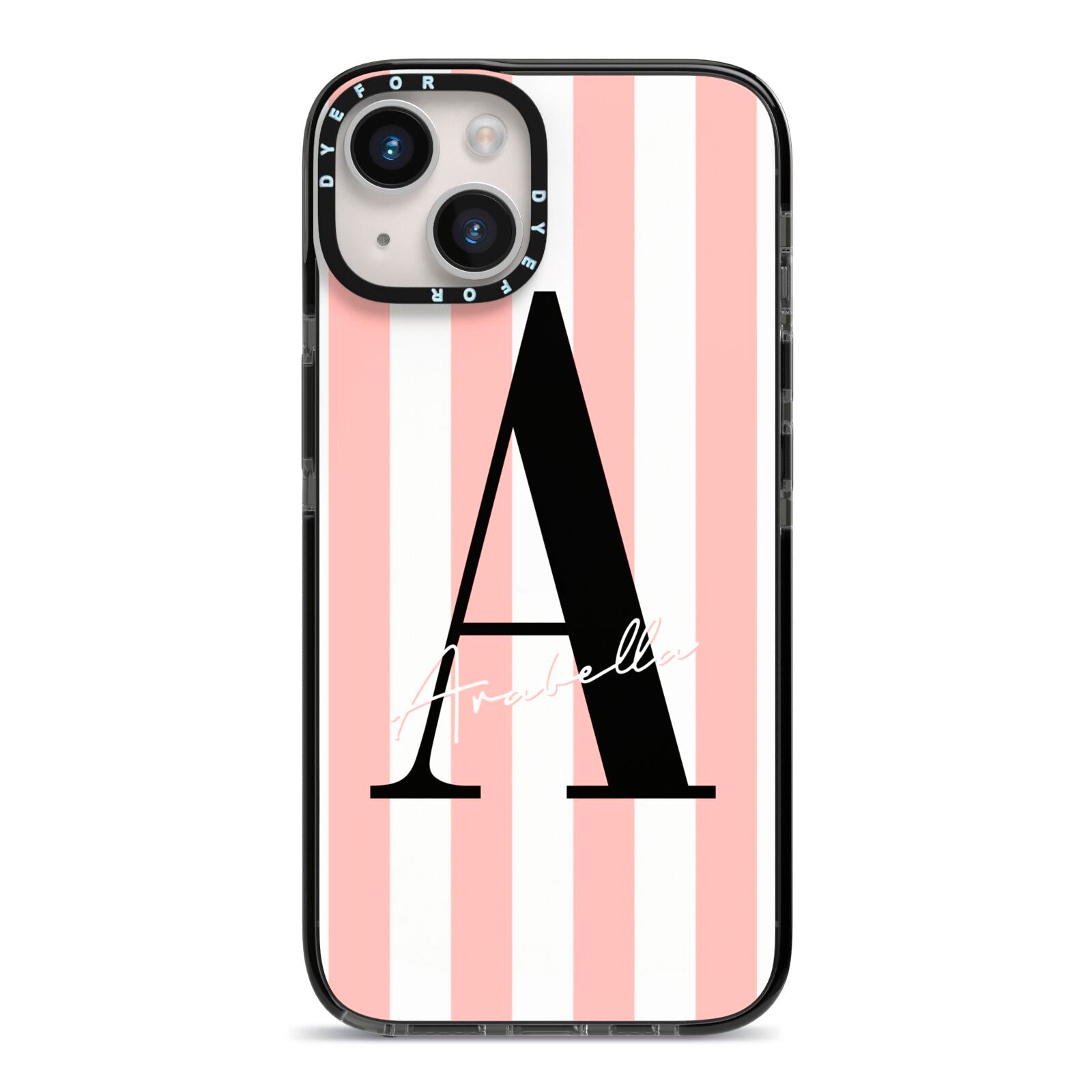 Personalised Pink Striped Initial iPhone 14 Black Impact Case on Silver phone