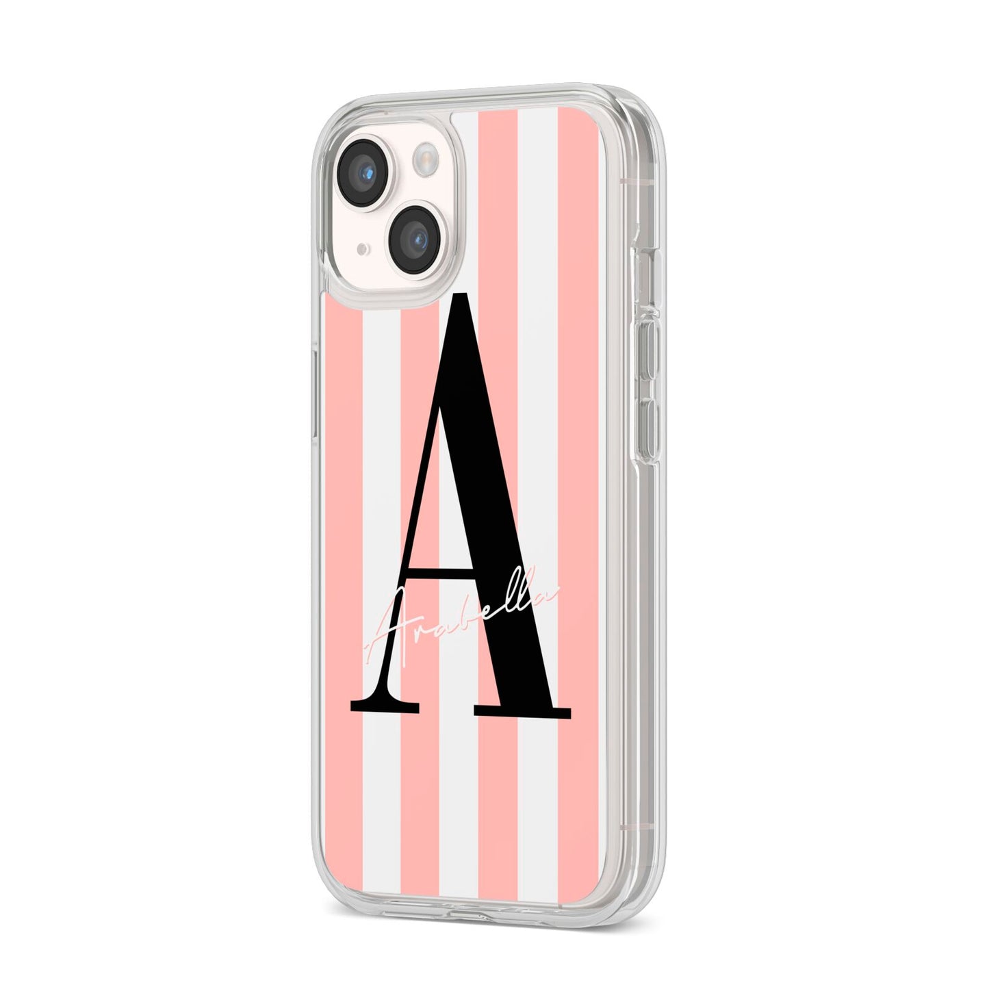 Personalised Pink Striped Initial iPhone 14 Clear Tough Case Starlight Angled Image