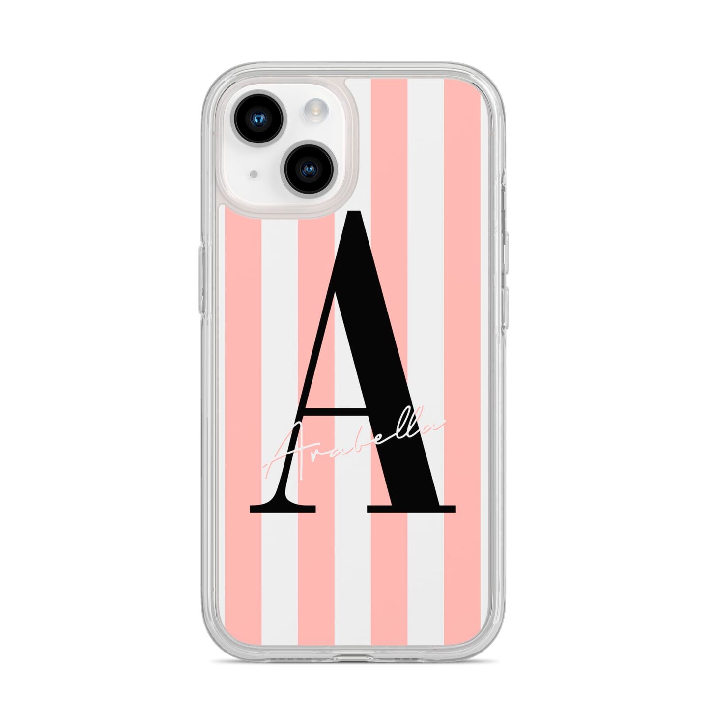 Personalised Pink Striped Initial iPhone 14 Clear Tough Case Starlight