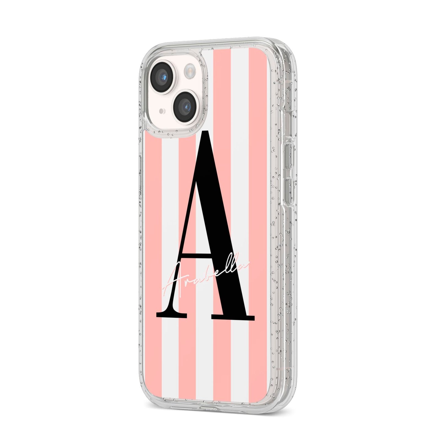 Personalised Pink Striped Initial iPhone 14 Glitter Tough Case Starlight Angled Image