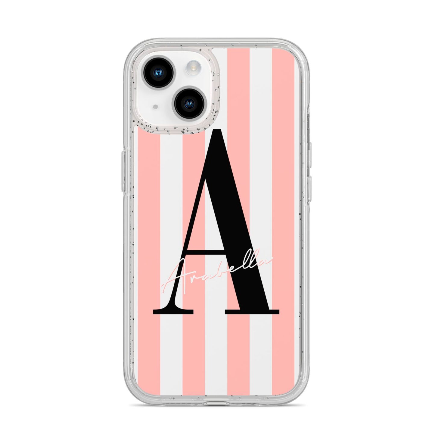 Personalised Pink Striped Initial iPhone 14 Glitter Tough Case Starlight