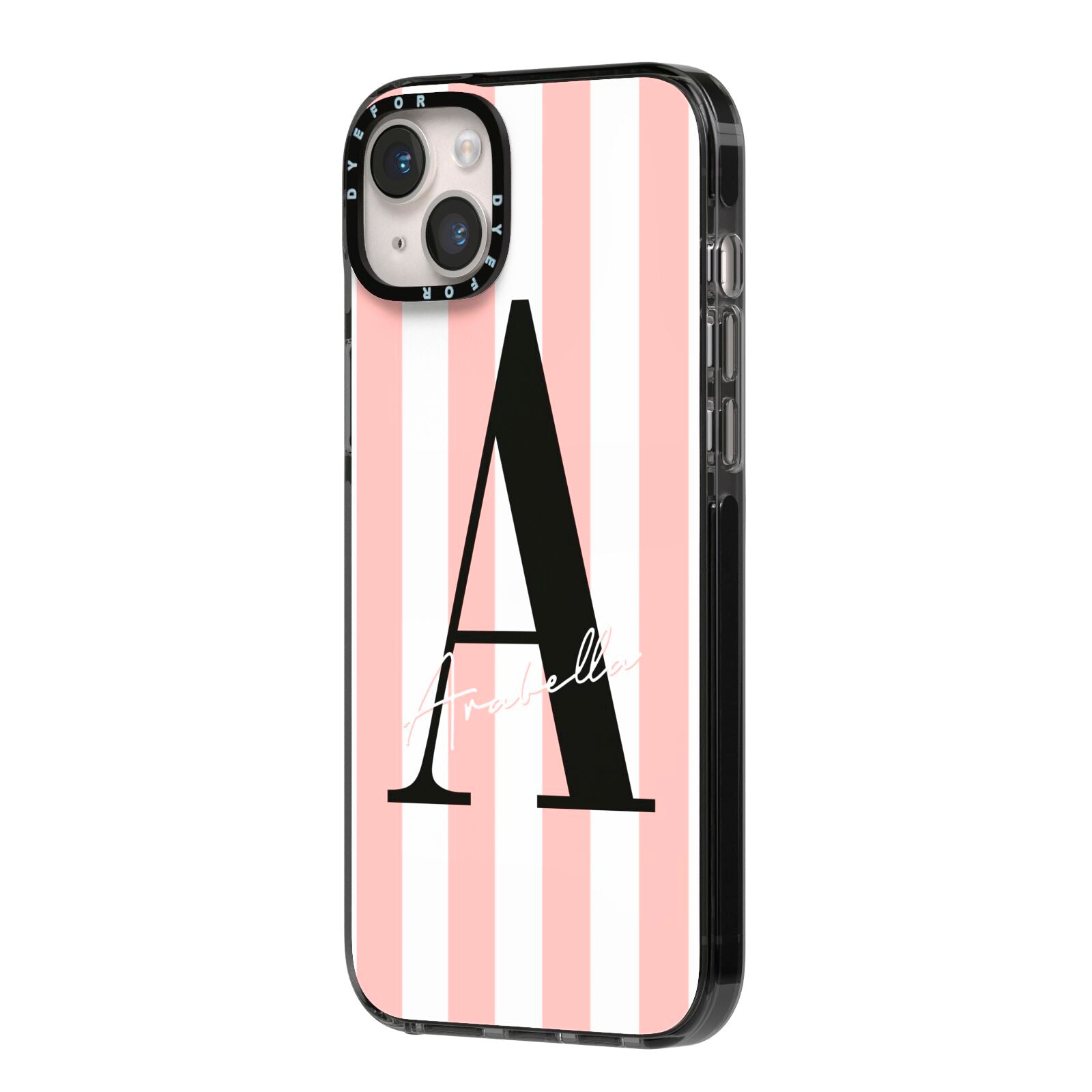 Personalised Pink Striped Initial iPhone 14 Plus Black Impact Case Side Angle on Silver phone