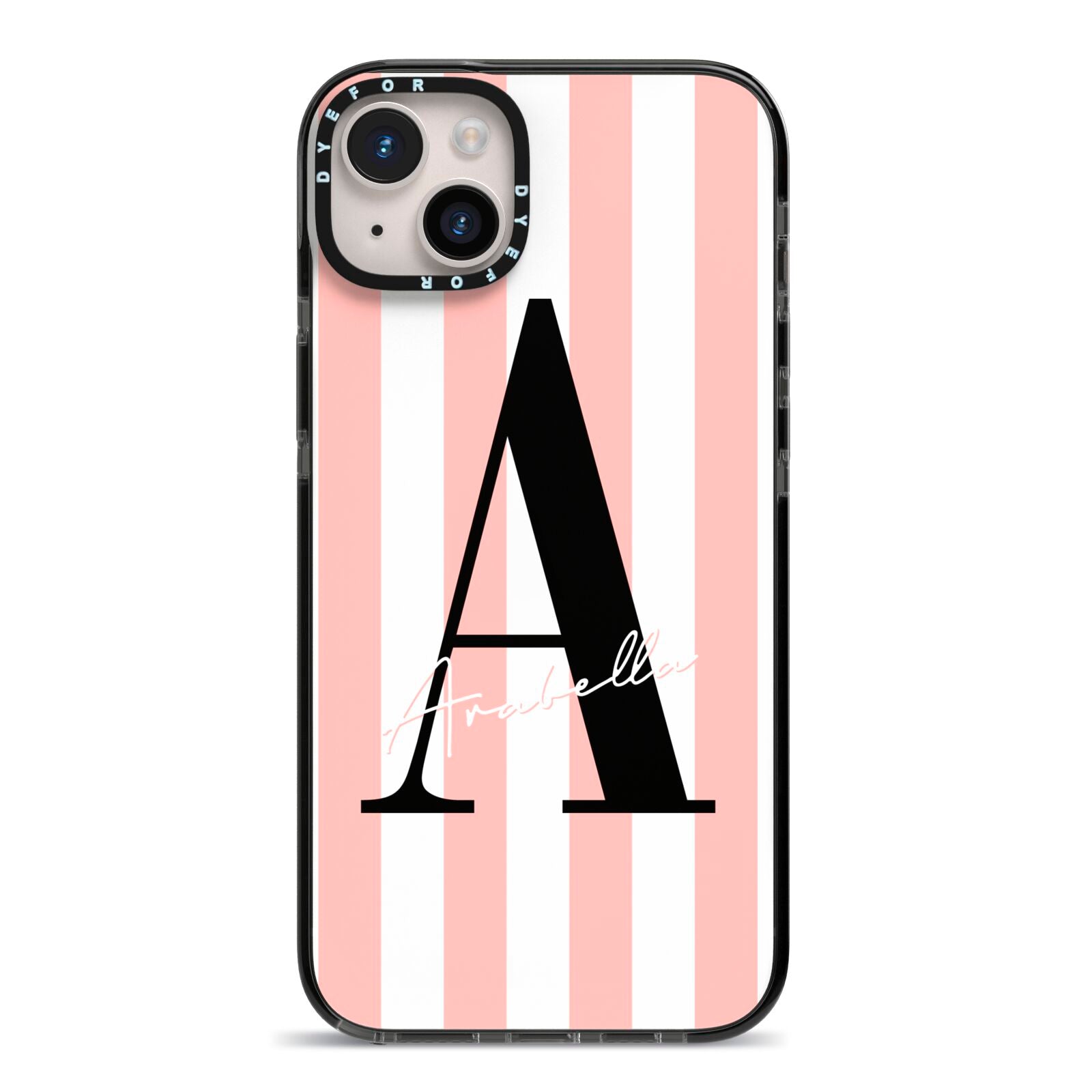 Personalised Pink Striped Initial iPhone 14 Plus Black Impact Case on Silver phone