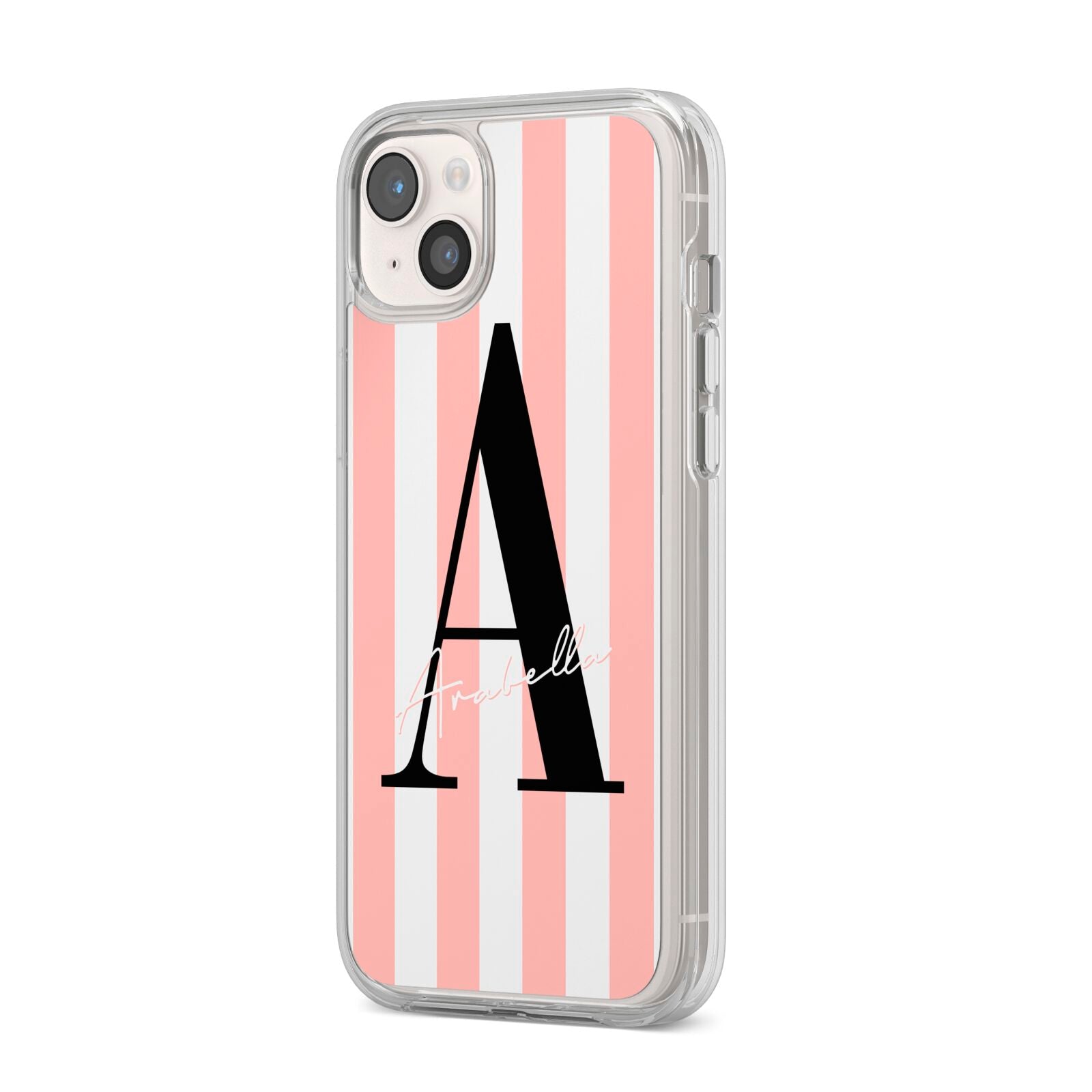 Personalised Pink Striped Initial iPhone 14 Plus Clear Tough Case Starlight Angled Image