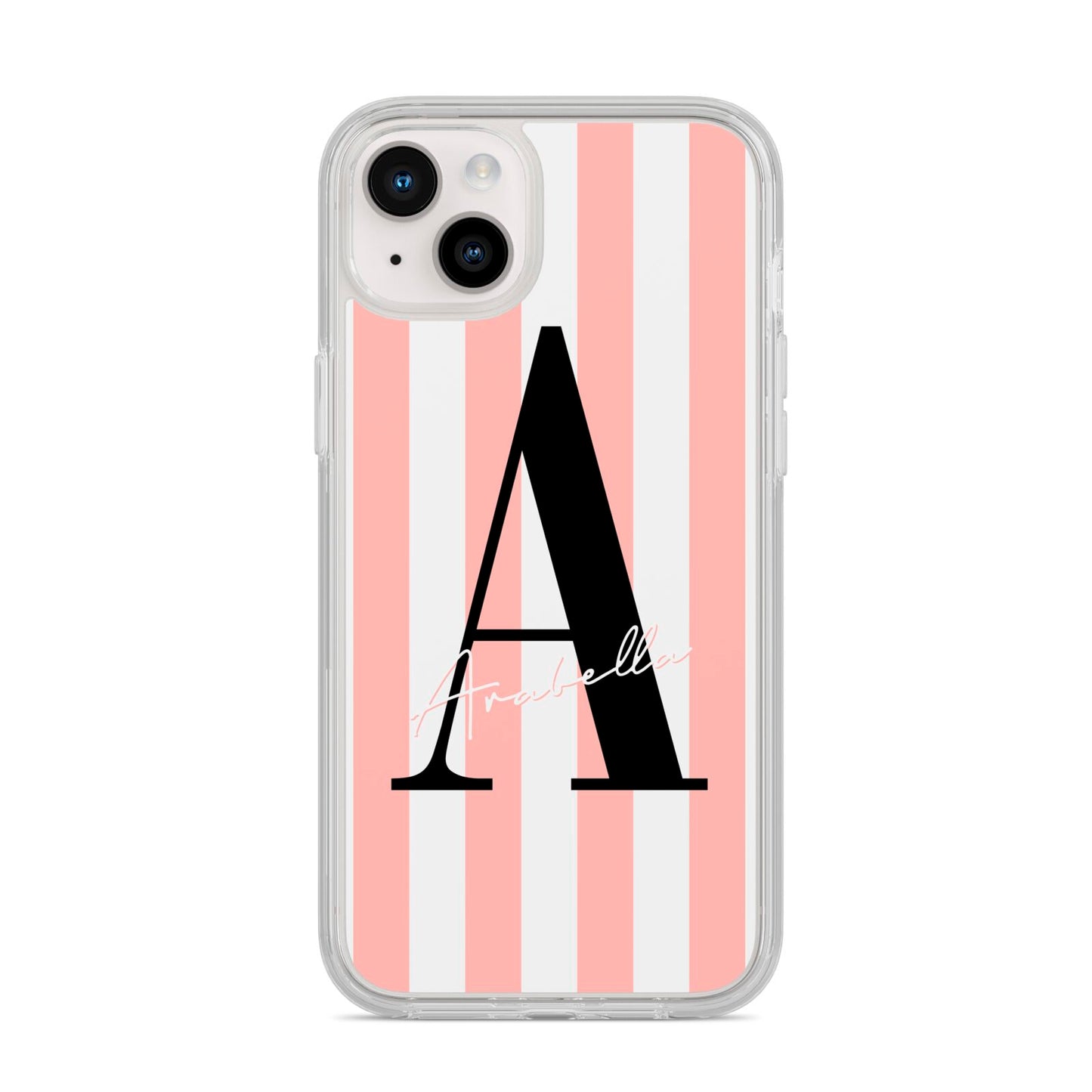 Personalised Pink Striped Initial iPhone 14 Plus Clear Tough Case Starlight