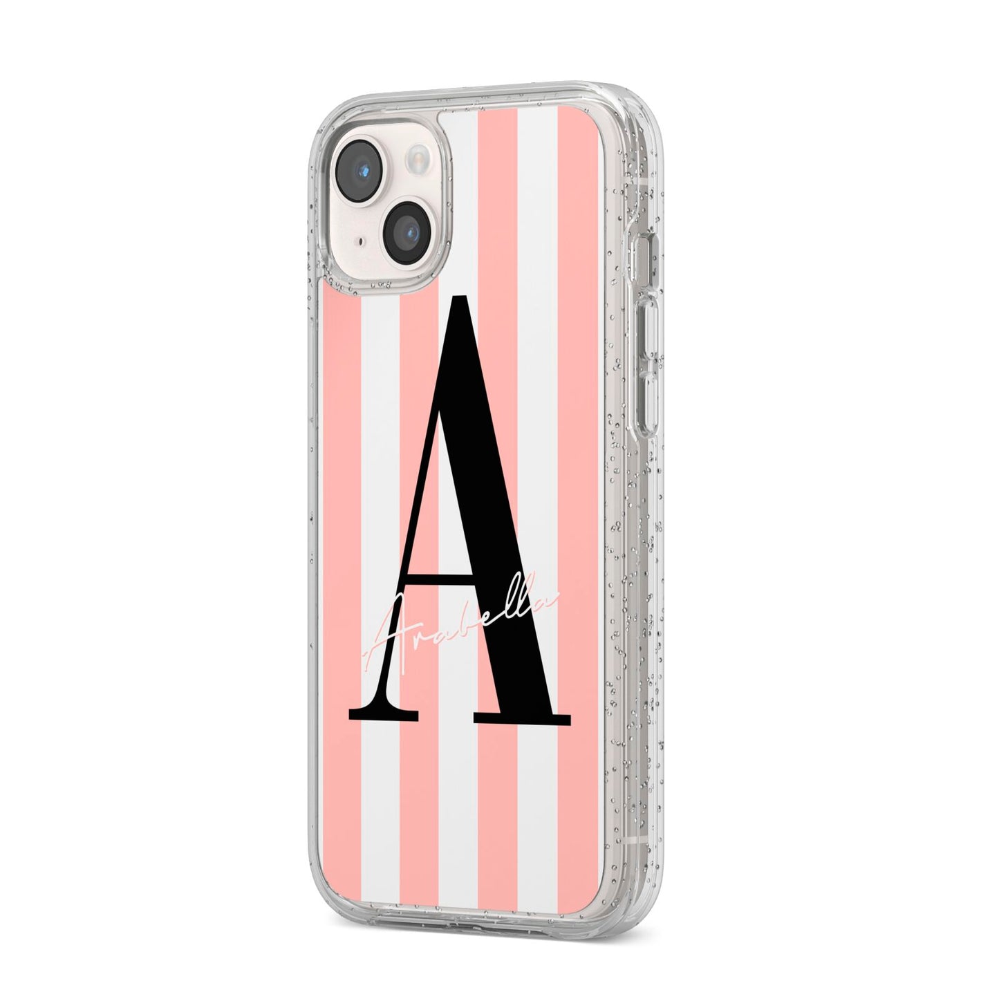 Personalised Pink Striped Initial iPhone 14 Plus Glitter Tough Case Starlight Angled Image