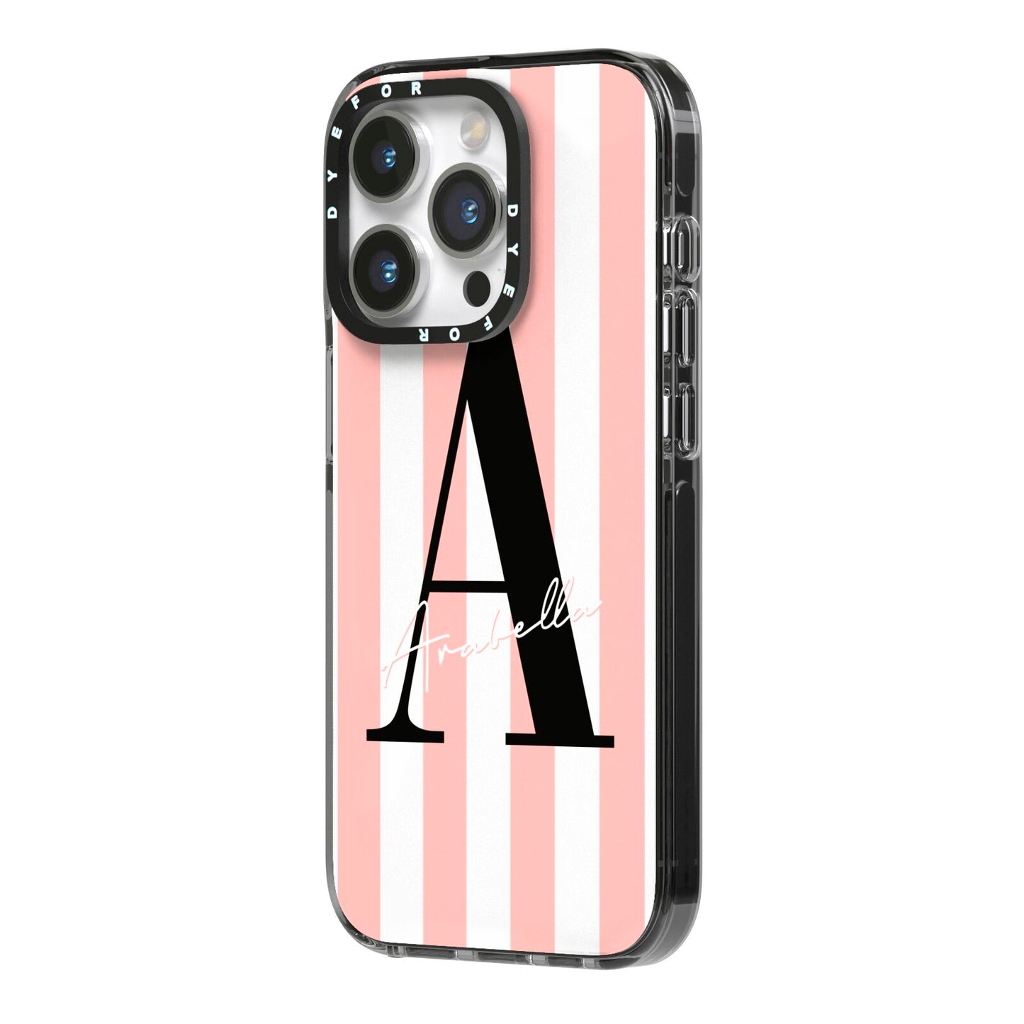 Personalised Pink Striped Initial iPhone 14 Pro Black Impact Case Side Angle on Silver phone