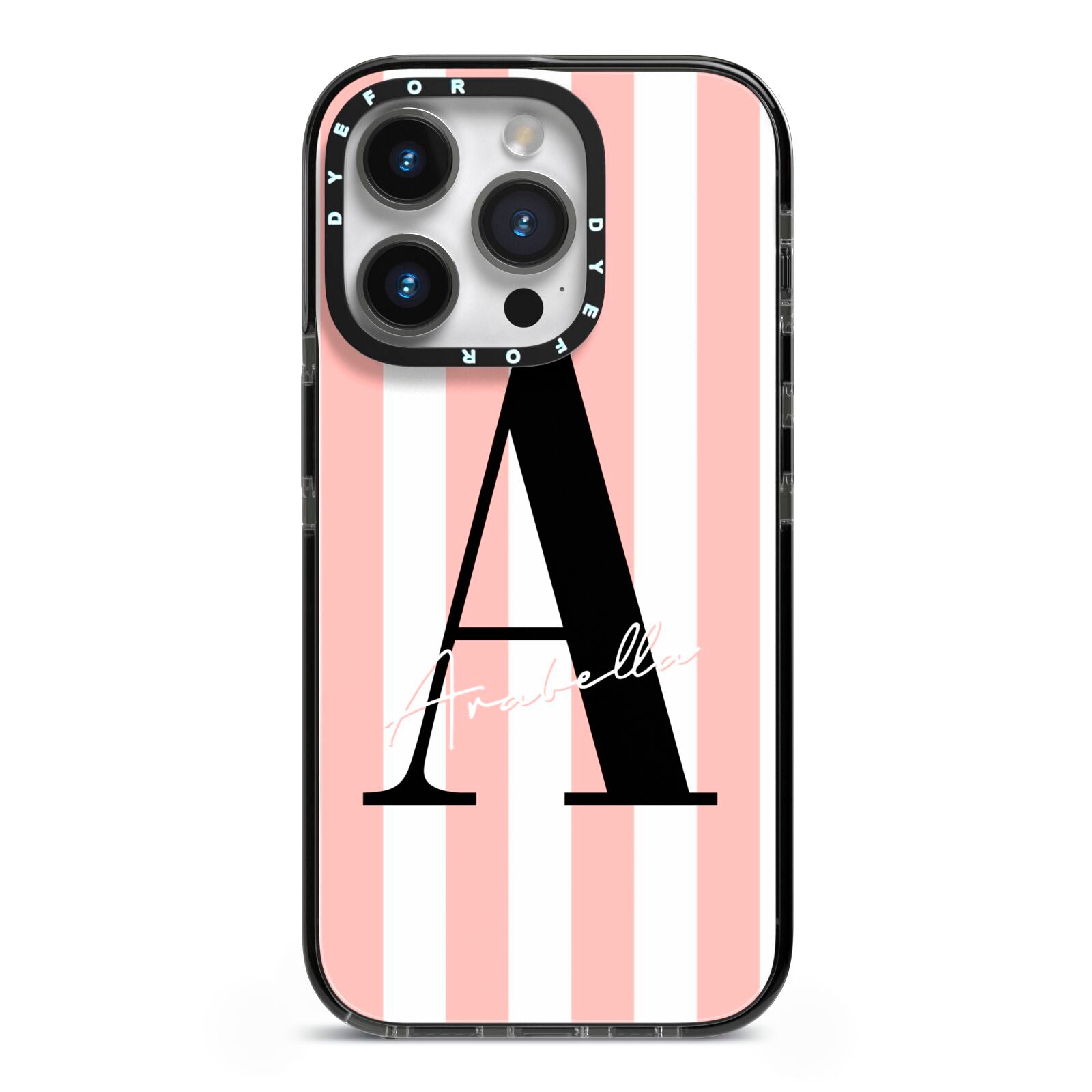 Personalised Pink Striped Initial iPhone 14 Pro Black Impact Case on Silver phone