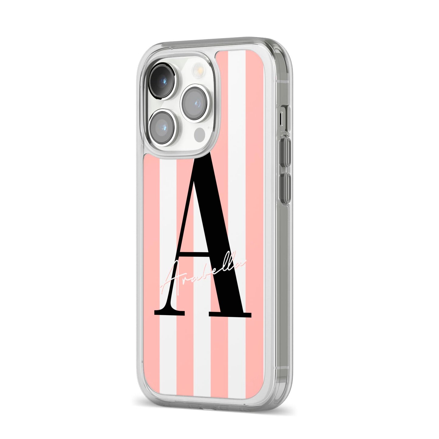 Personalised Pink Striped Initial iPhone 14 Pro Clear Tough Case Silver Angled Image