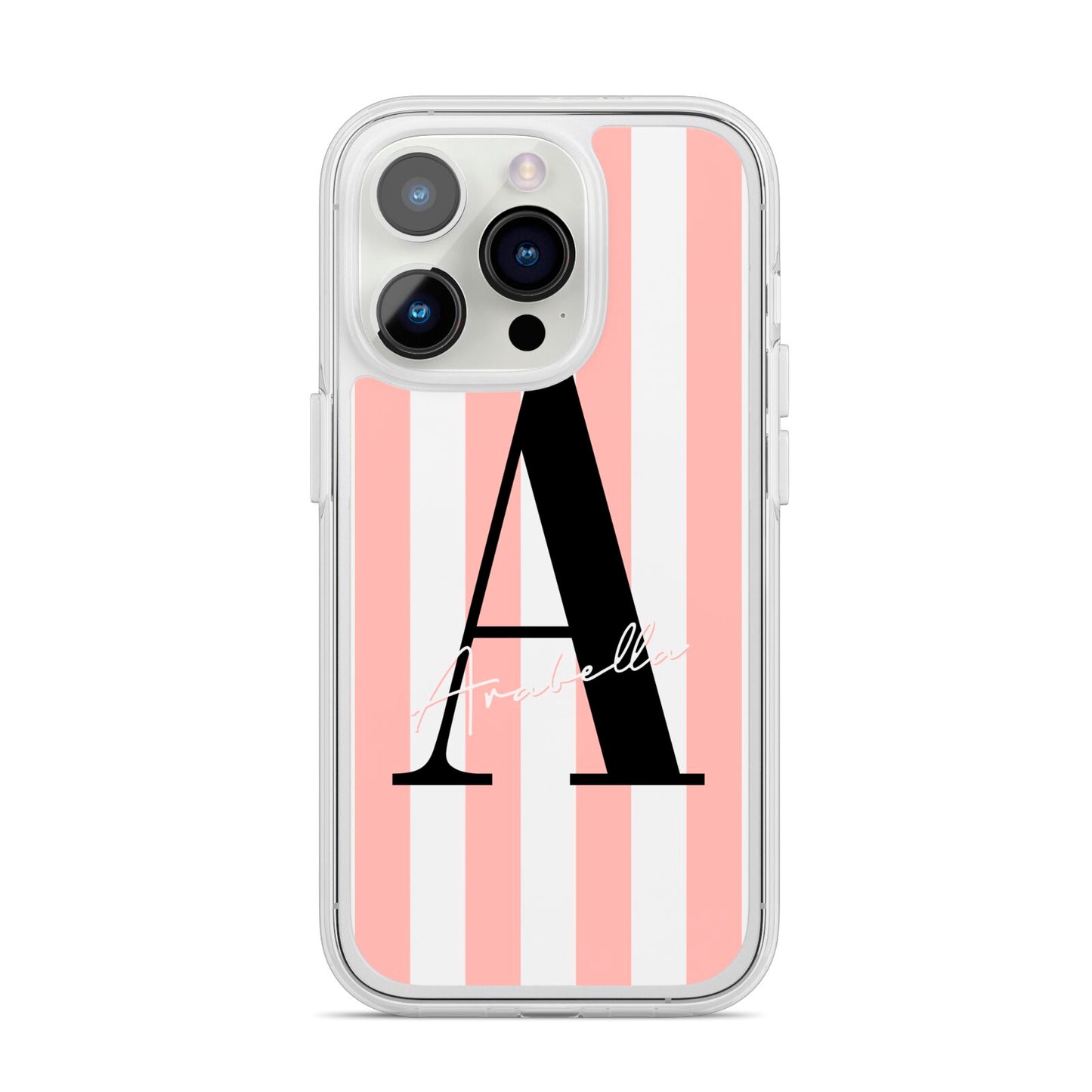 Personalised Pink Striped Initial iPhone 14 Pro Clear Tough Case Silver