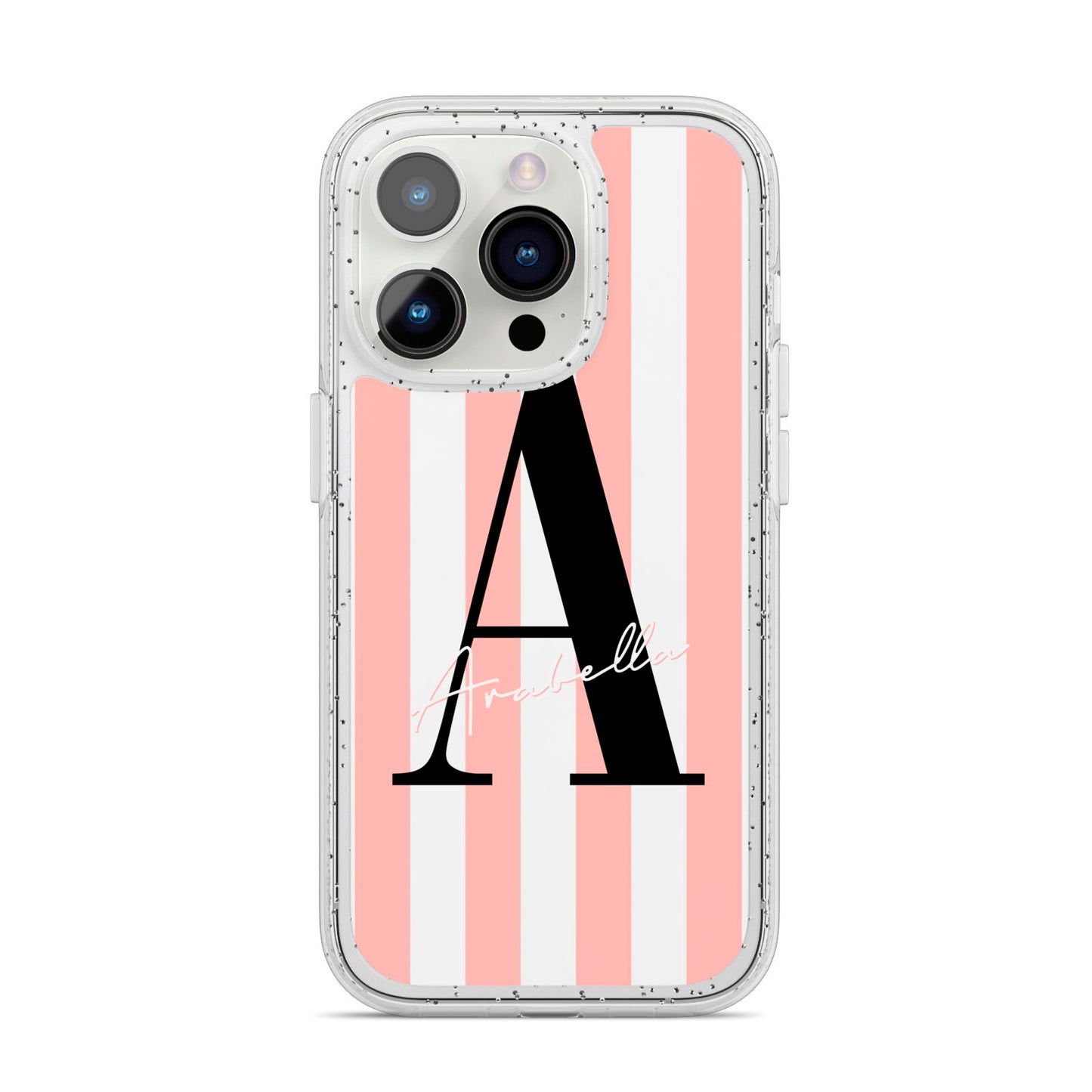 Personalised Pink Striped Initial iPhone 14 Pro Glitter Tough Case Silver