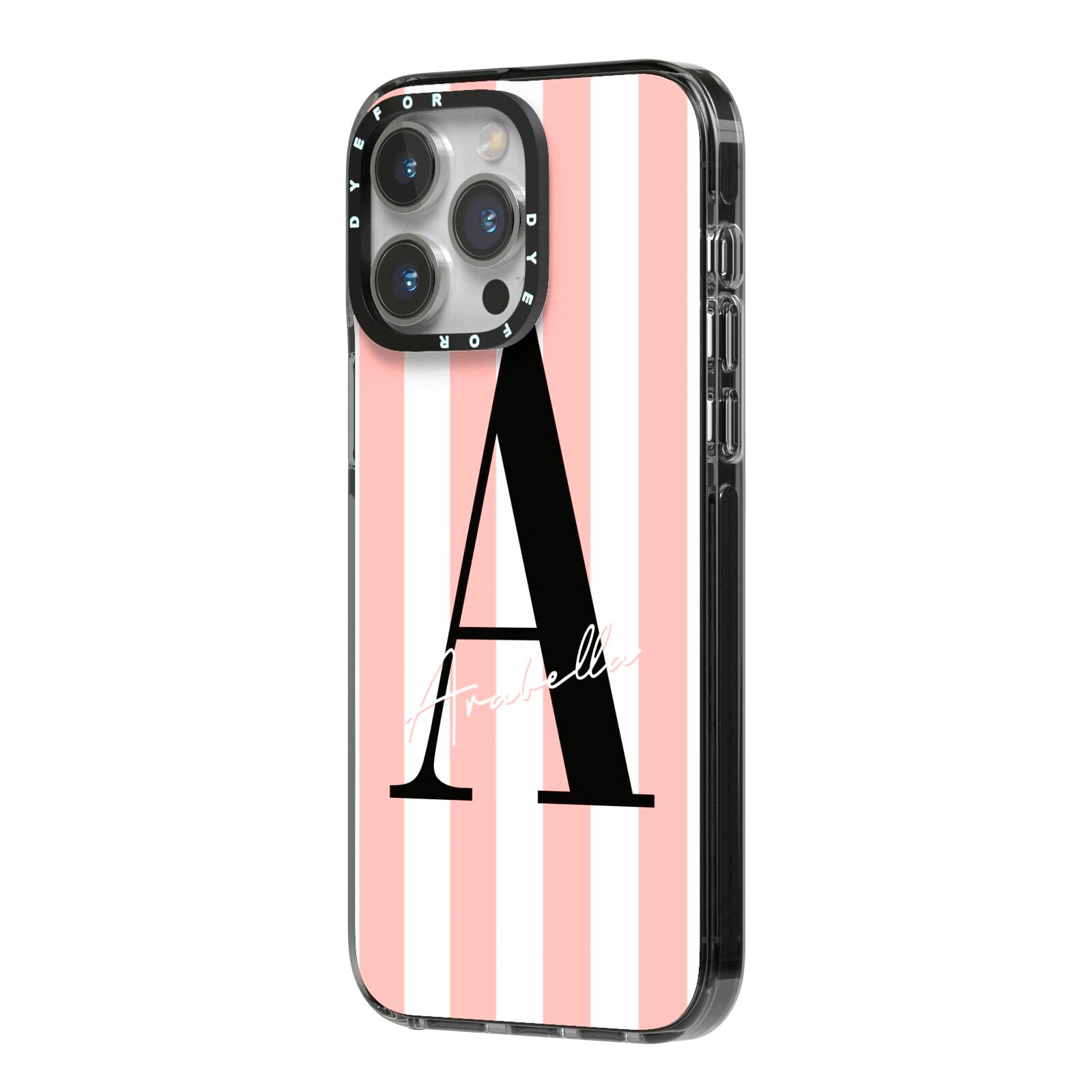 Personalised Pink Striped Initial iPhone 14 Pro Max Black Impact Case Side Angle on Silver phone