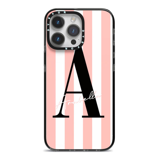 Personalised Pink Striped Initial iPhone 14 Pro Max Black Impact Case on Silver phone