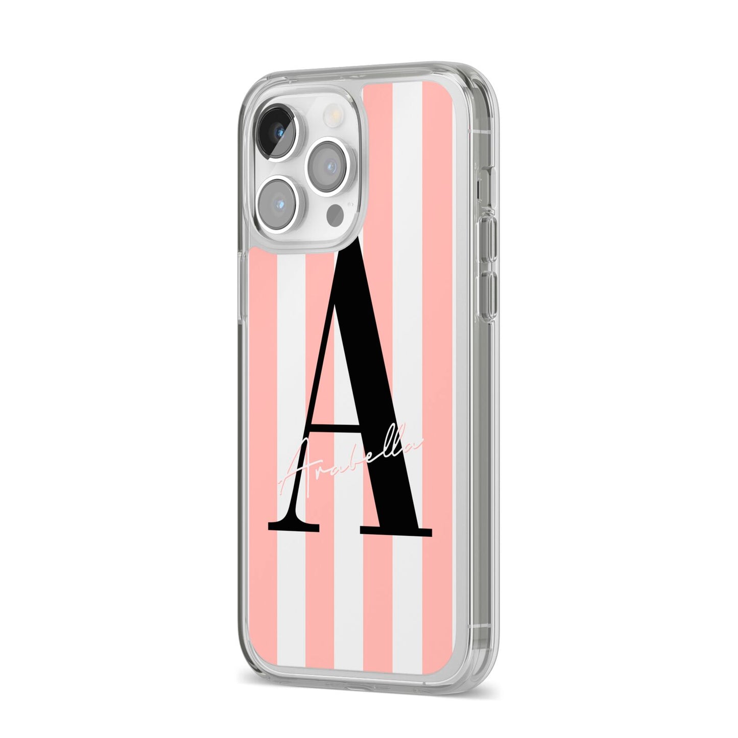 Personalised Pink Striped Initial iPhone 14 Pro Max Clear Tough Case Silver Angled Image