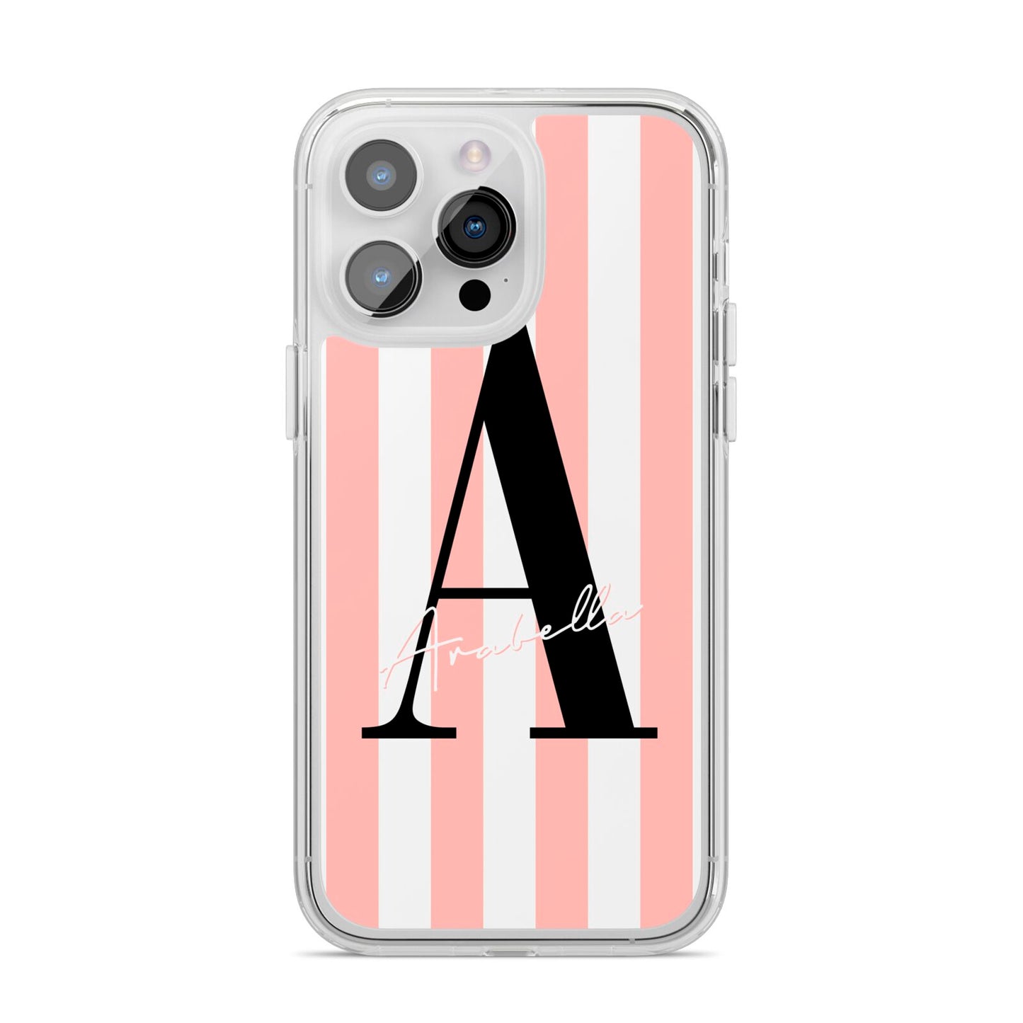 Personalised Pink Striped Initial iPhone 14 Pro Max Clear Tough Case Silver