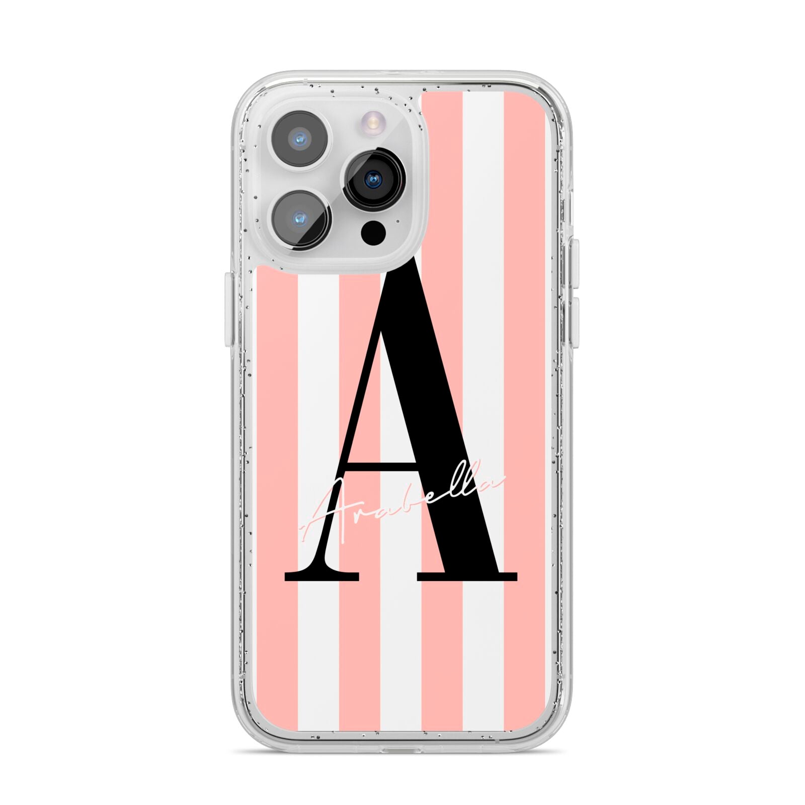 Personalised Pink Striped Initial iPhone 14 Pro Max Glitter Tough Case Silver