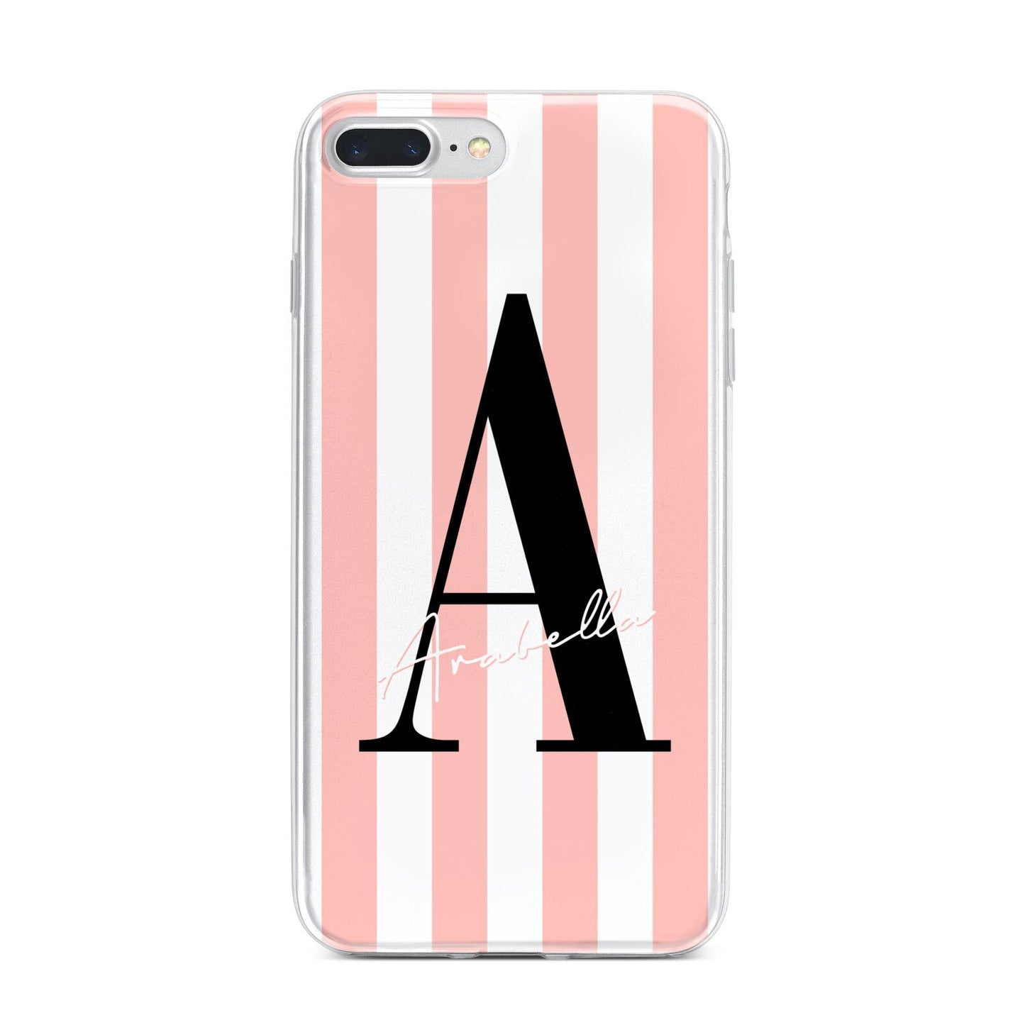 Personalised Pink Striped Initial iPhone 7 Plus Bumper Case on Silver iPhone