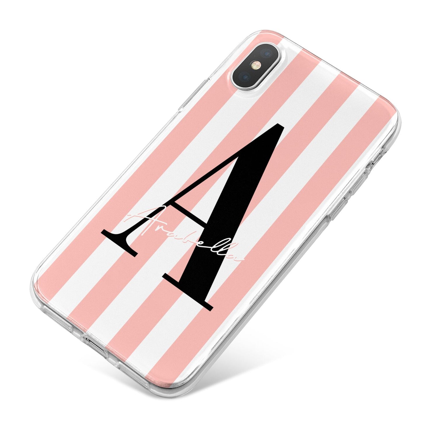 Personalised Pink Striped Initial iPhone X Bumper Case on Silver iPhone