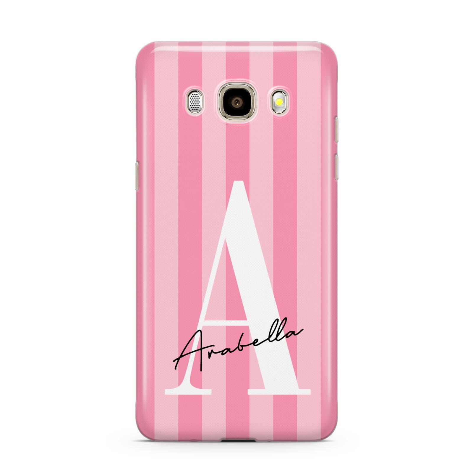 Personalised Pink Stripes Initial Samsung Galaxy J7 2016 Case on gold phone